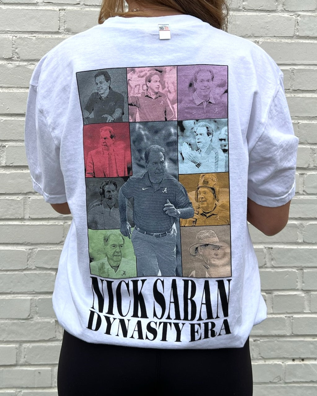 University of Alabama White Eras Tee with an Eras Tour inspired design featuring Nick Saban
