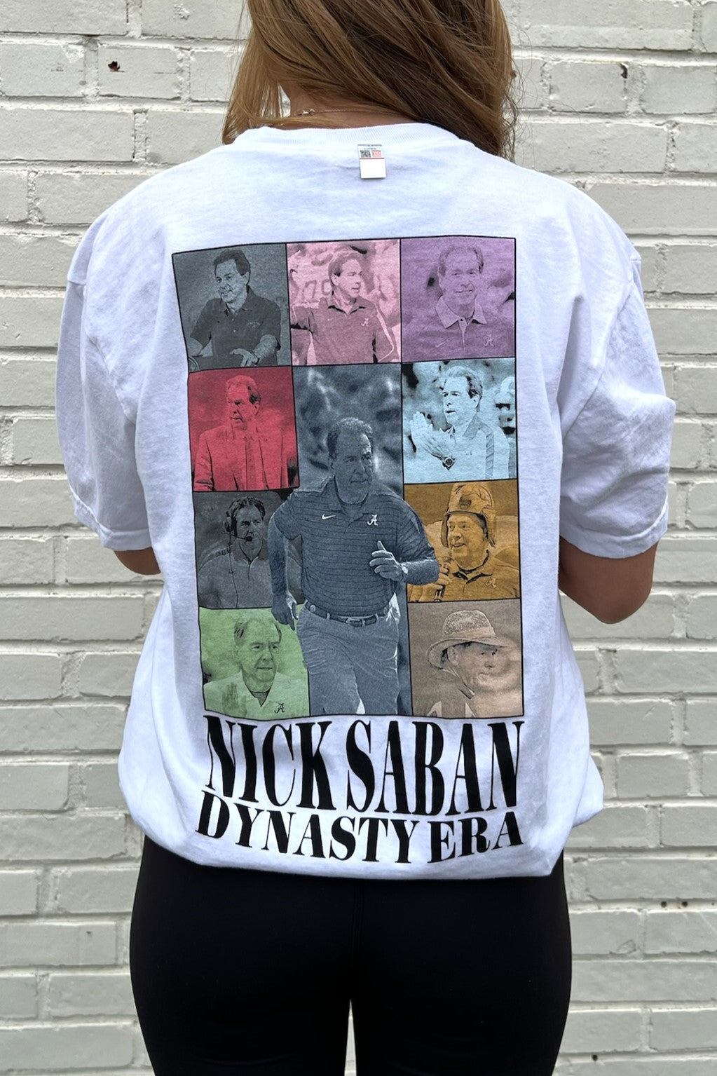 University of Alabama White Eras Tee with an Eras Tour inspired design featuring Nick Saban