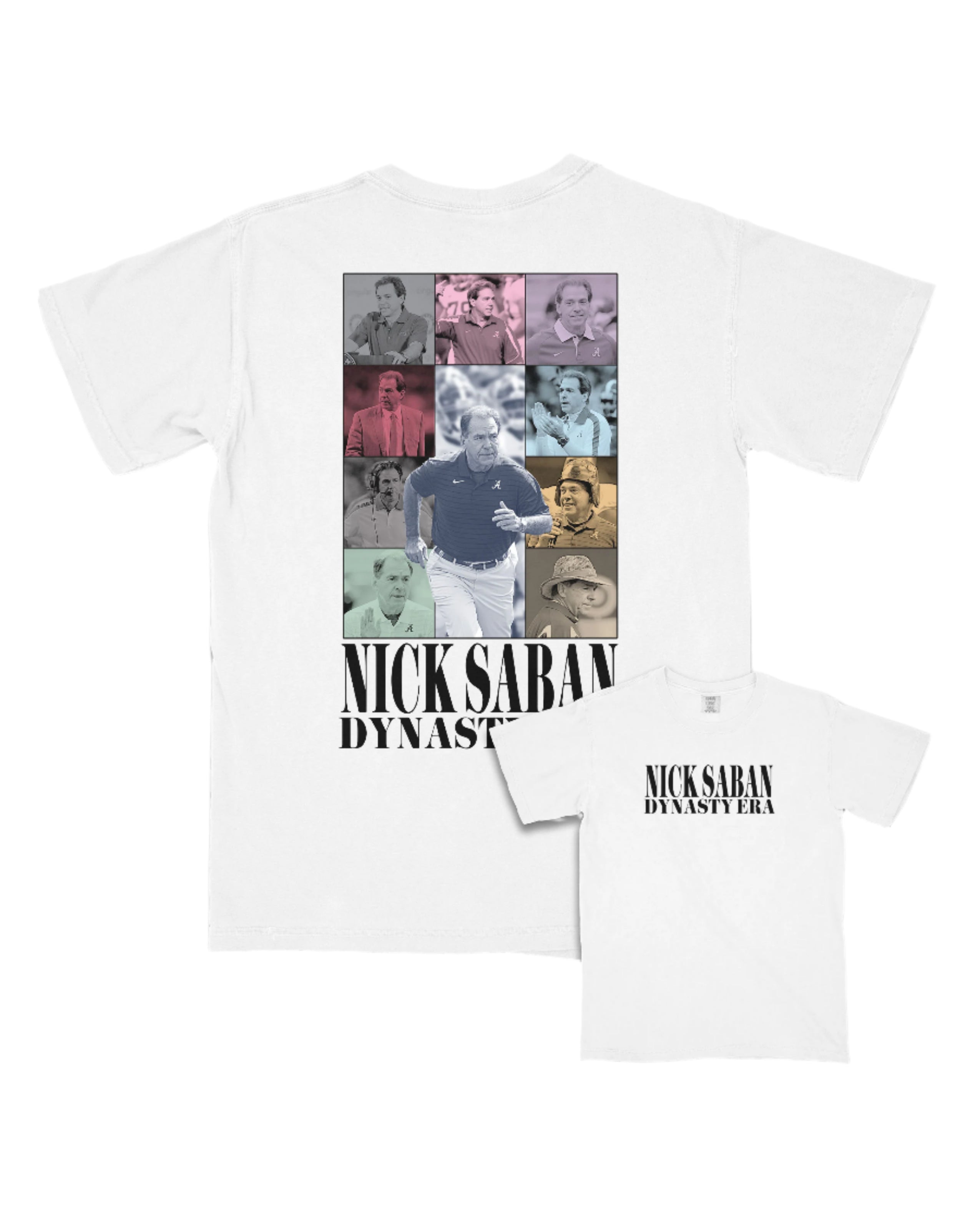 University of Alabama White Eras Tee with an Eras Tour inspired design featuring Nick Saban