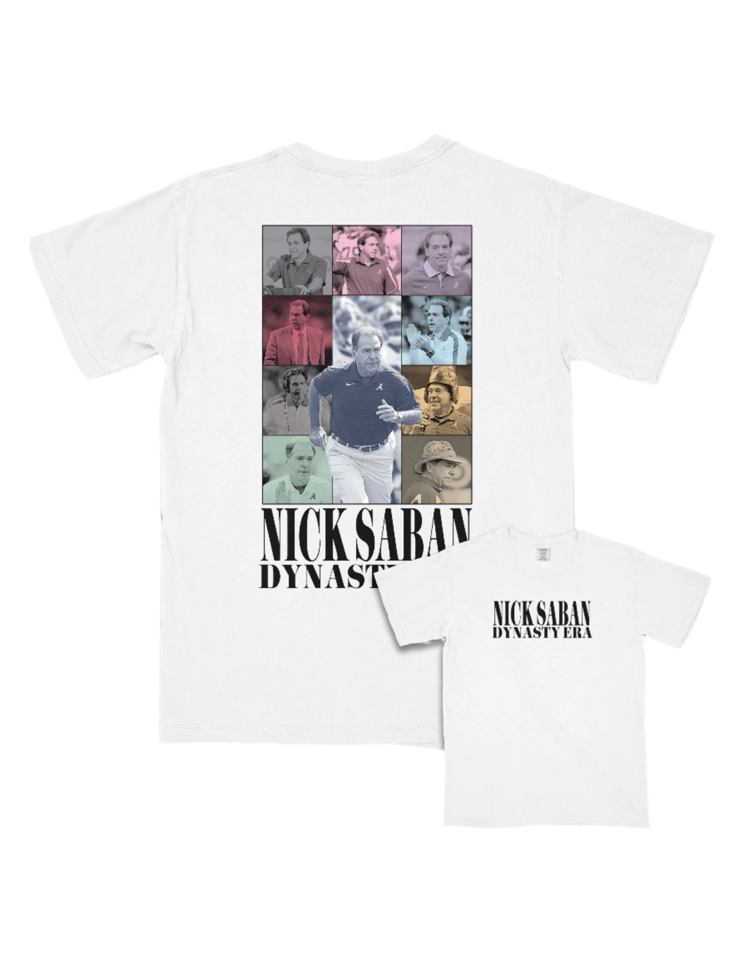 University of Alabama White Eras Tee with an Eras Tour inspired design featuring Nick Saban