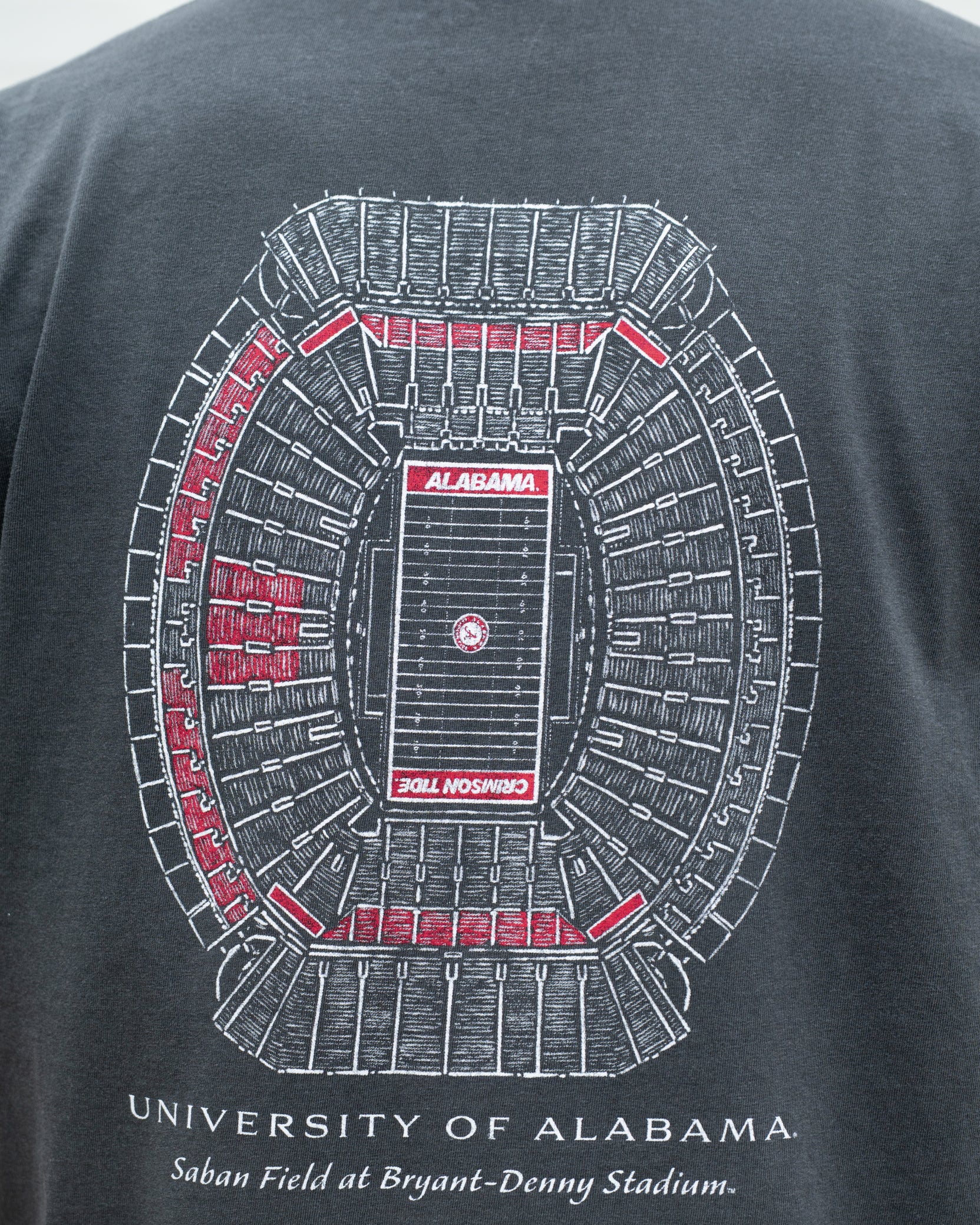 University of Alabama Dark Grey T-Shirt with an image of the Saban Field at Bryant-Denny Stadium Blueprint