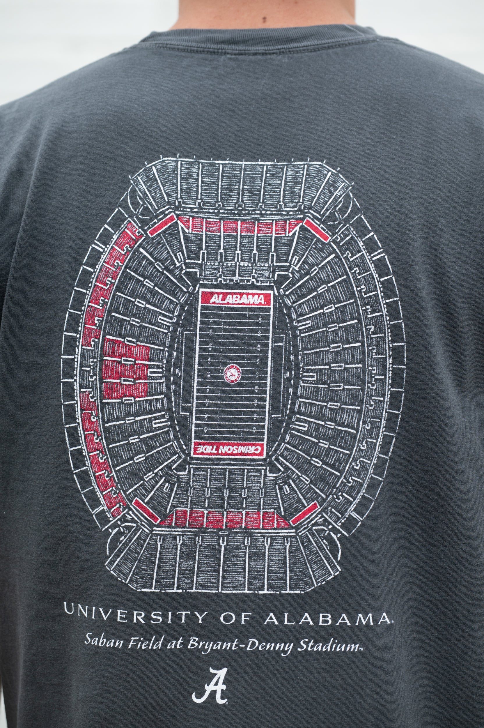 University of Alabama Dark Grey T-Shirt with an image of the Saban Field at Bryant-Denny Stadium Blueprint