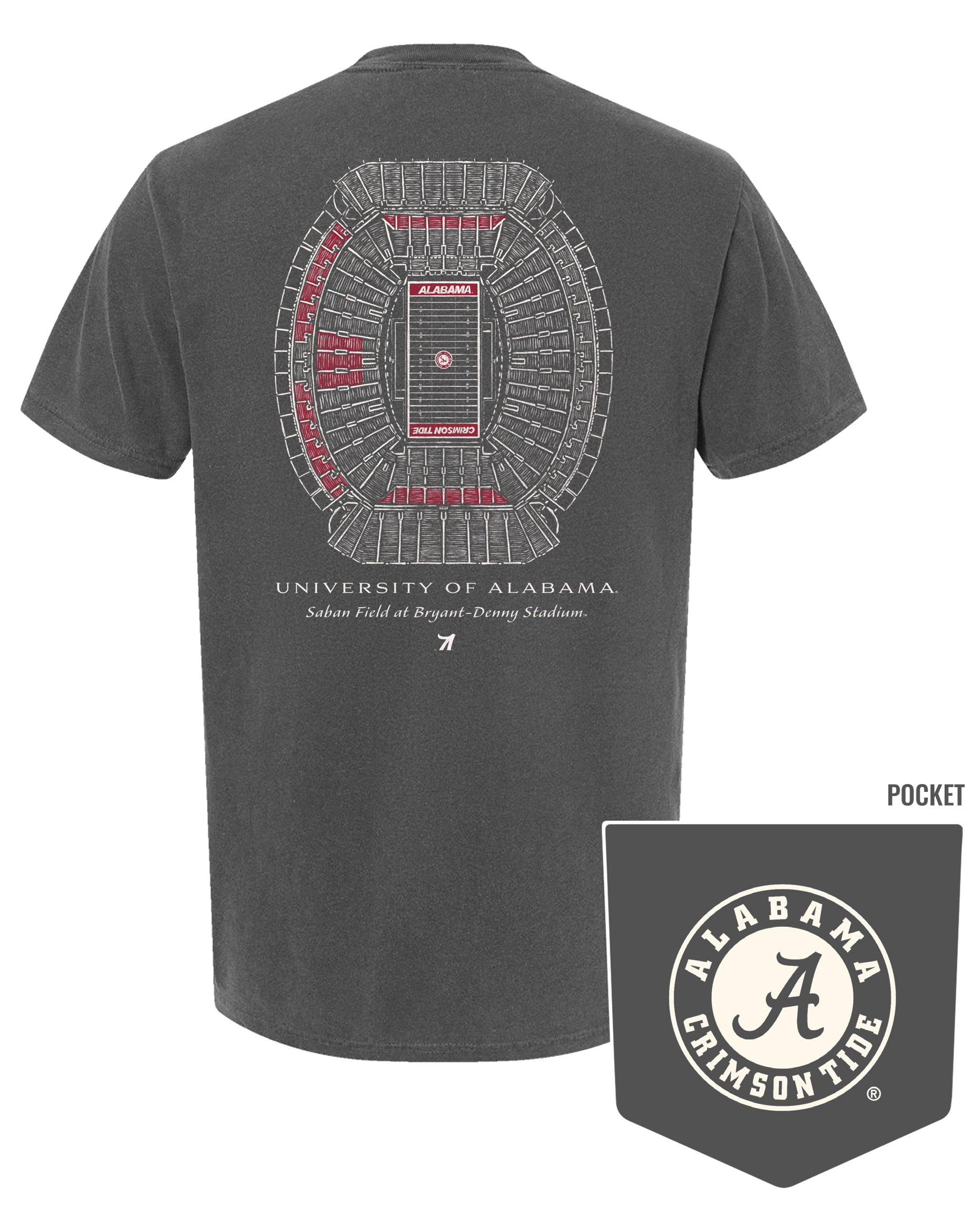 University of Alabama Dark Grey T-Shirt with an image of the Saban Field at Bryant-Denny Stadium Blueprint