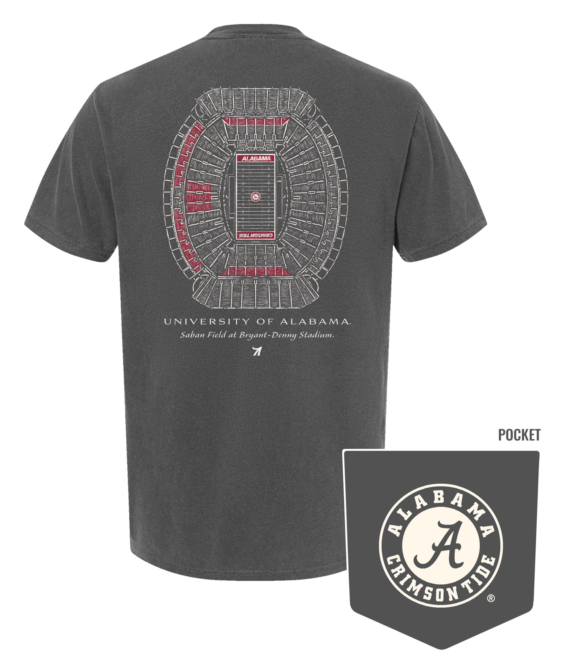 University of Alabama Dark Grey T-Shirt with an image of the Saban Field at Bryant-Denny Stadium Blueprint