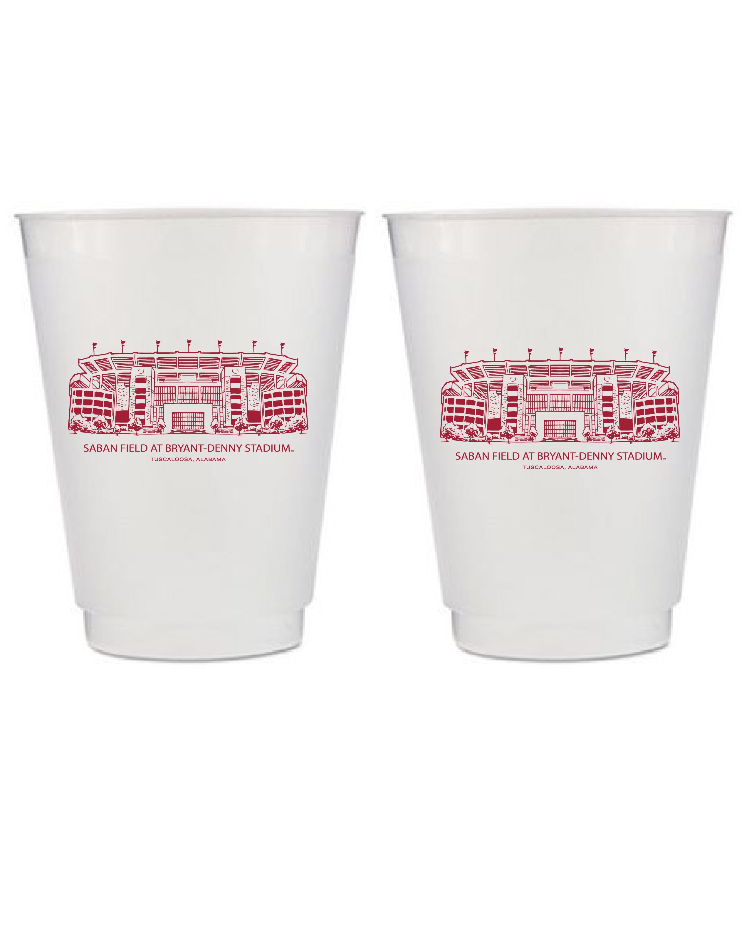 University of Alabama Frosted Cup with a Red illustration of Saban Field at Bryant-Denny Stadium