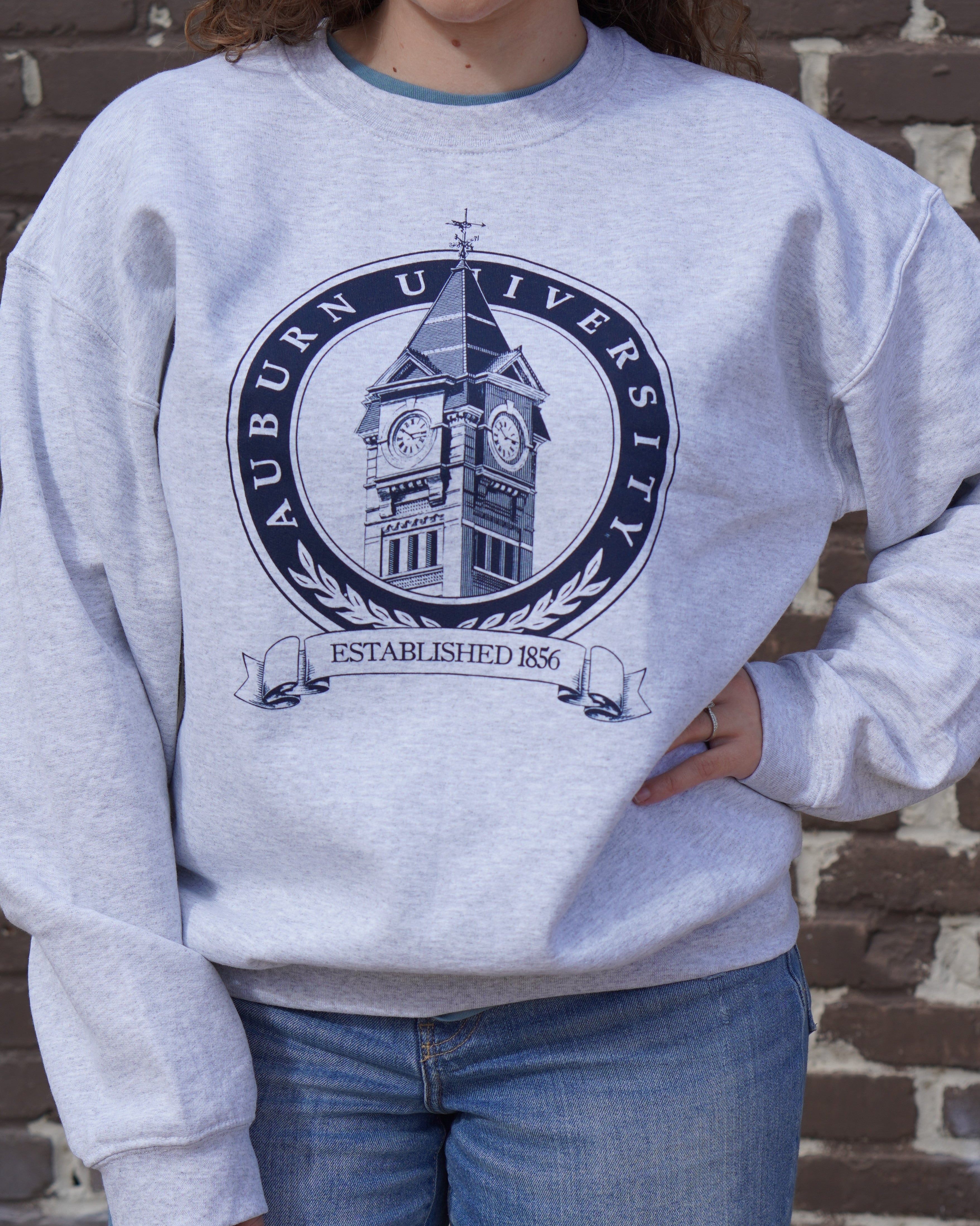 Auburn University Light Grey Crewneck with a navy design featuring the Samford Hall clock tower and the text 'Auburn University'.