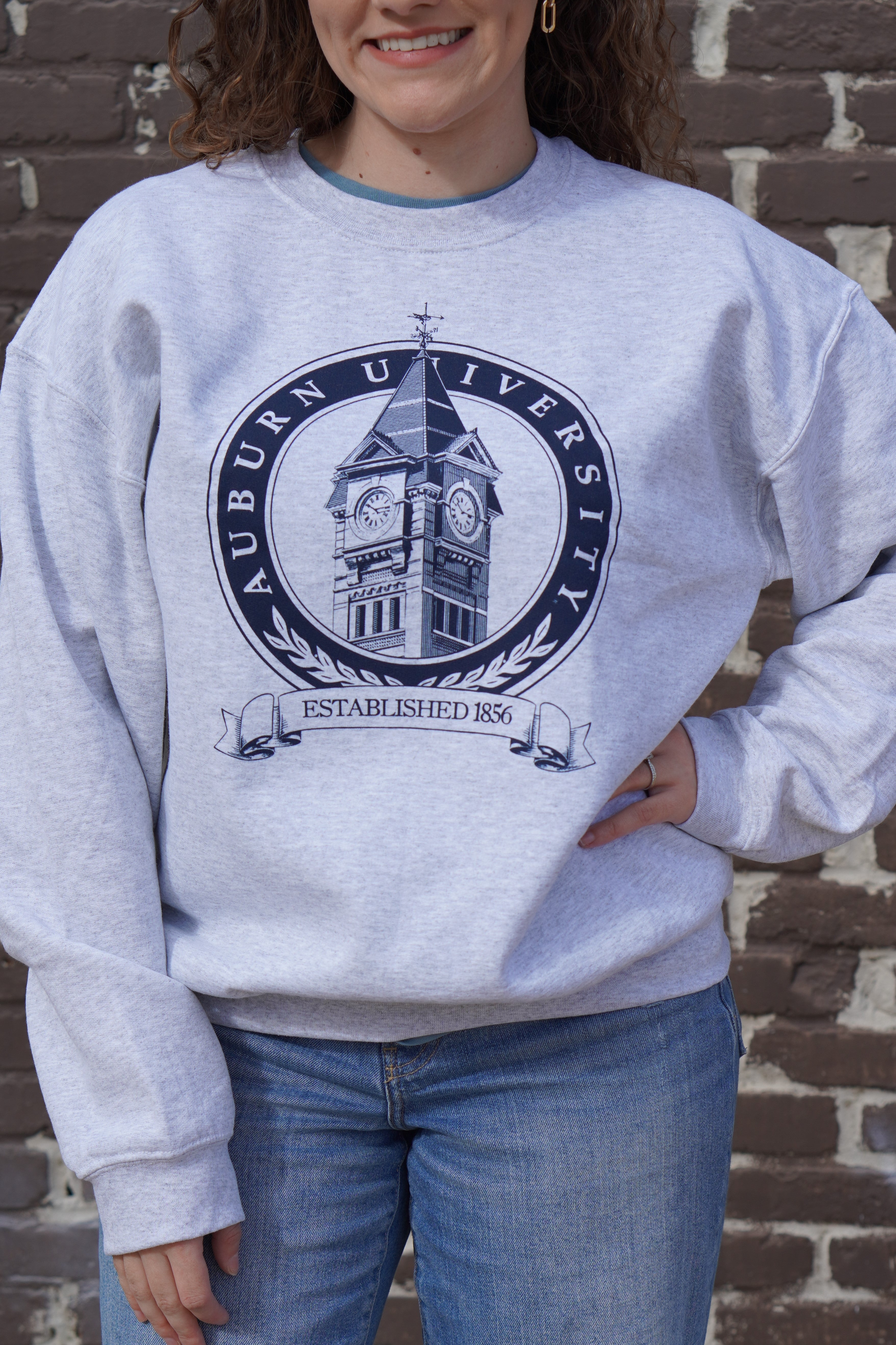 Auburn University Light Grey Crewneck with a navy design featuring the Samford Hall clock tower and the text 'Auburn University'.