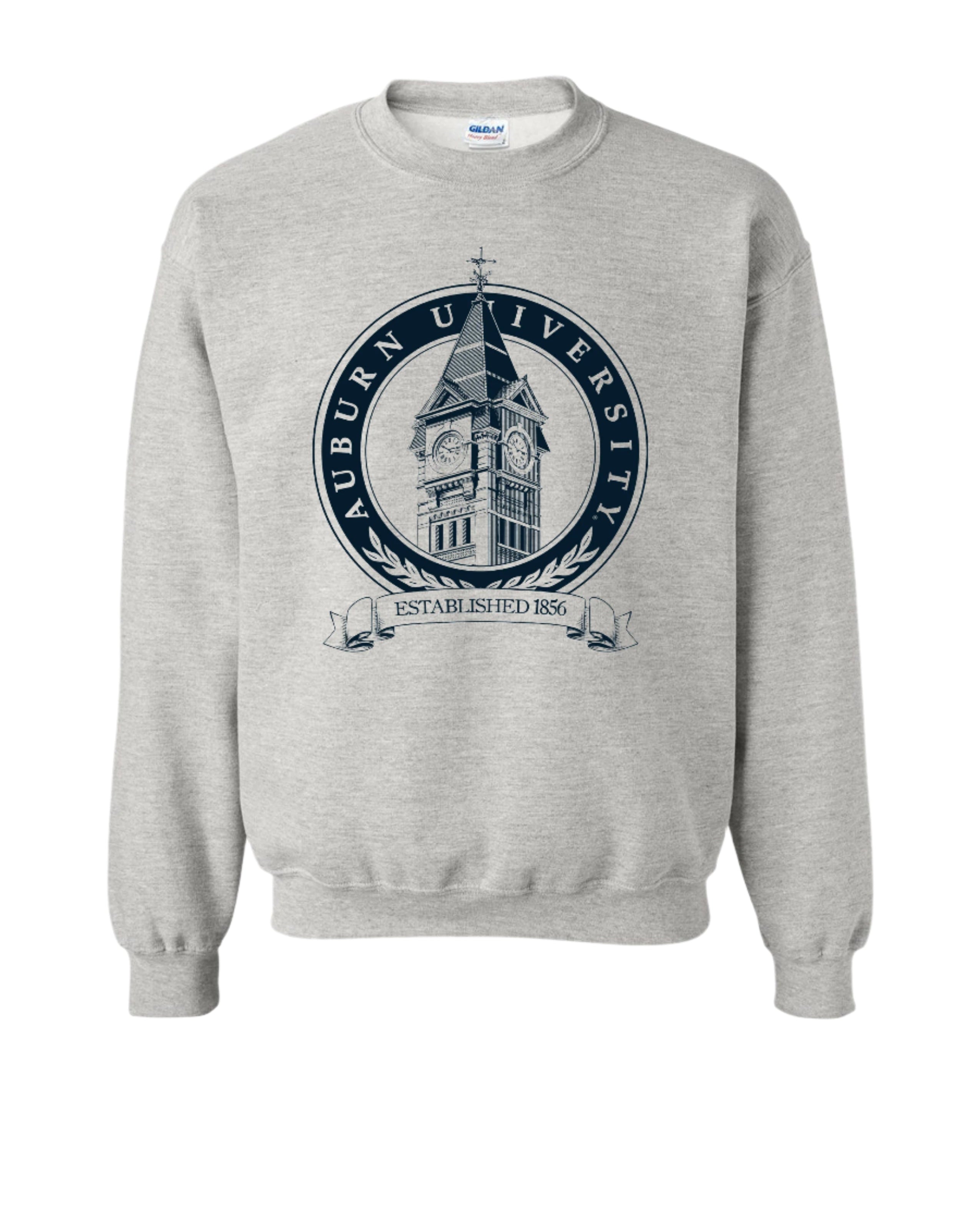 Auburn University Light Grey Crewneck with a navy design featuring the Samford Hall clock tower and the text 'Auburn University'.