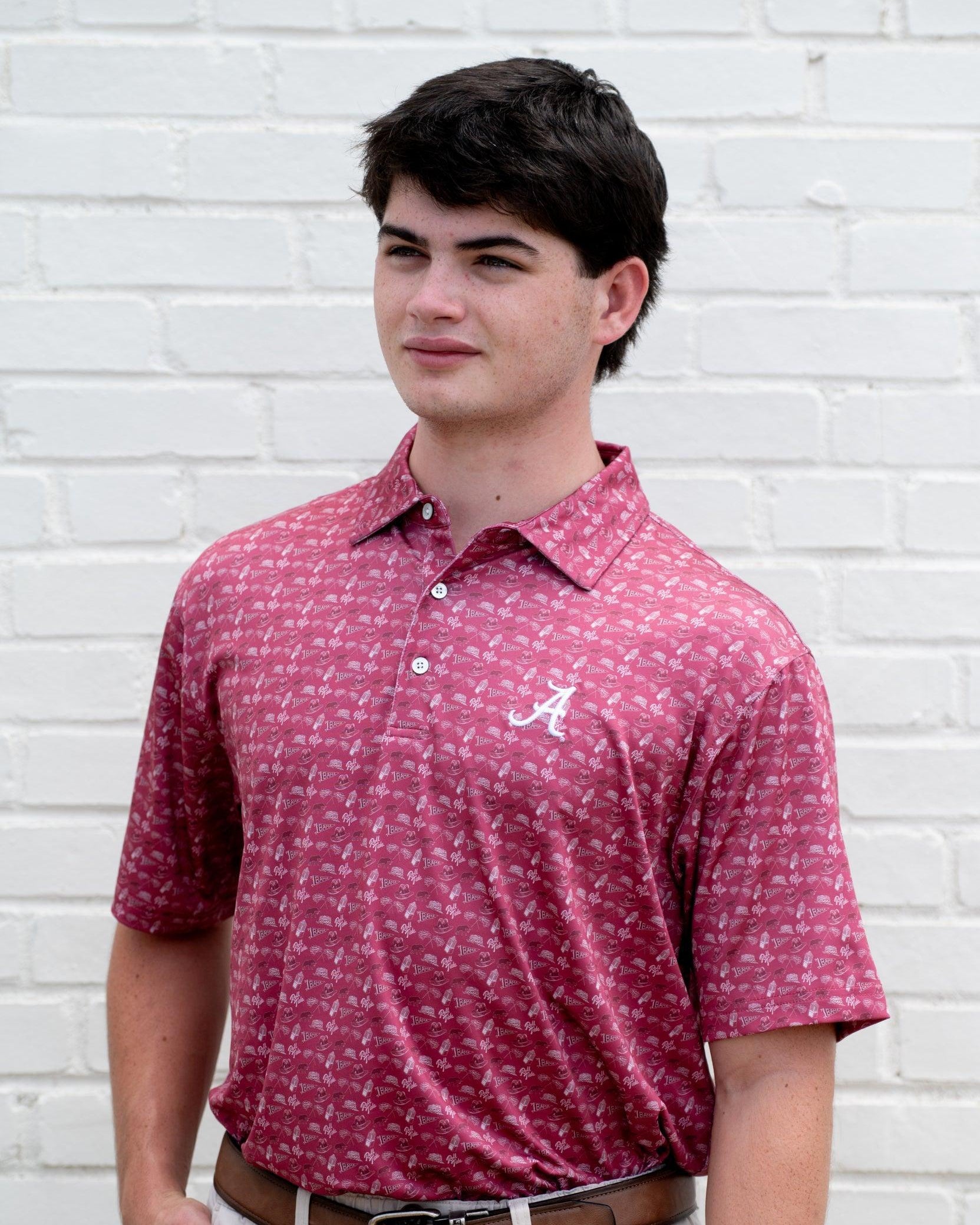 University of Alabama Red Men’s Patterned Polo with the Script A Logo embroidery