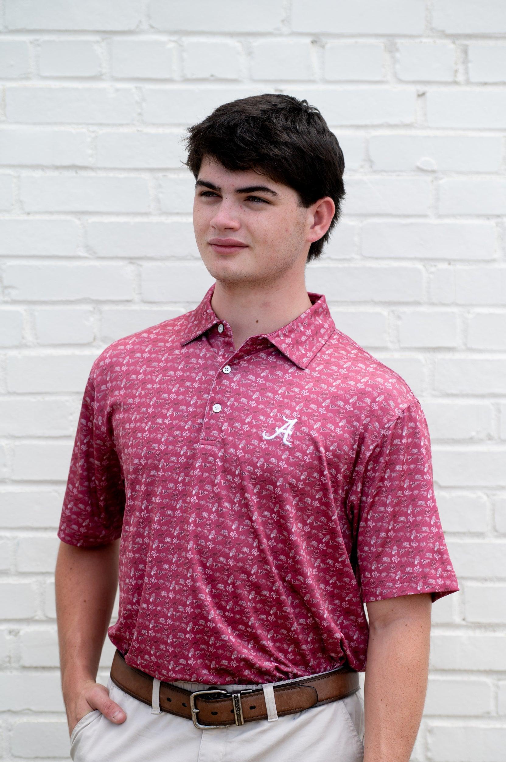 University of Alabama Red Men’s Patterned Polo with the Script A Logo embroidery