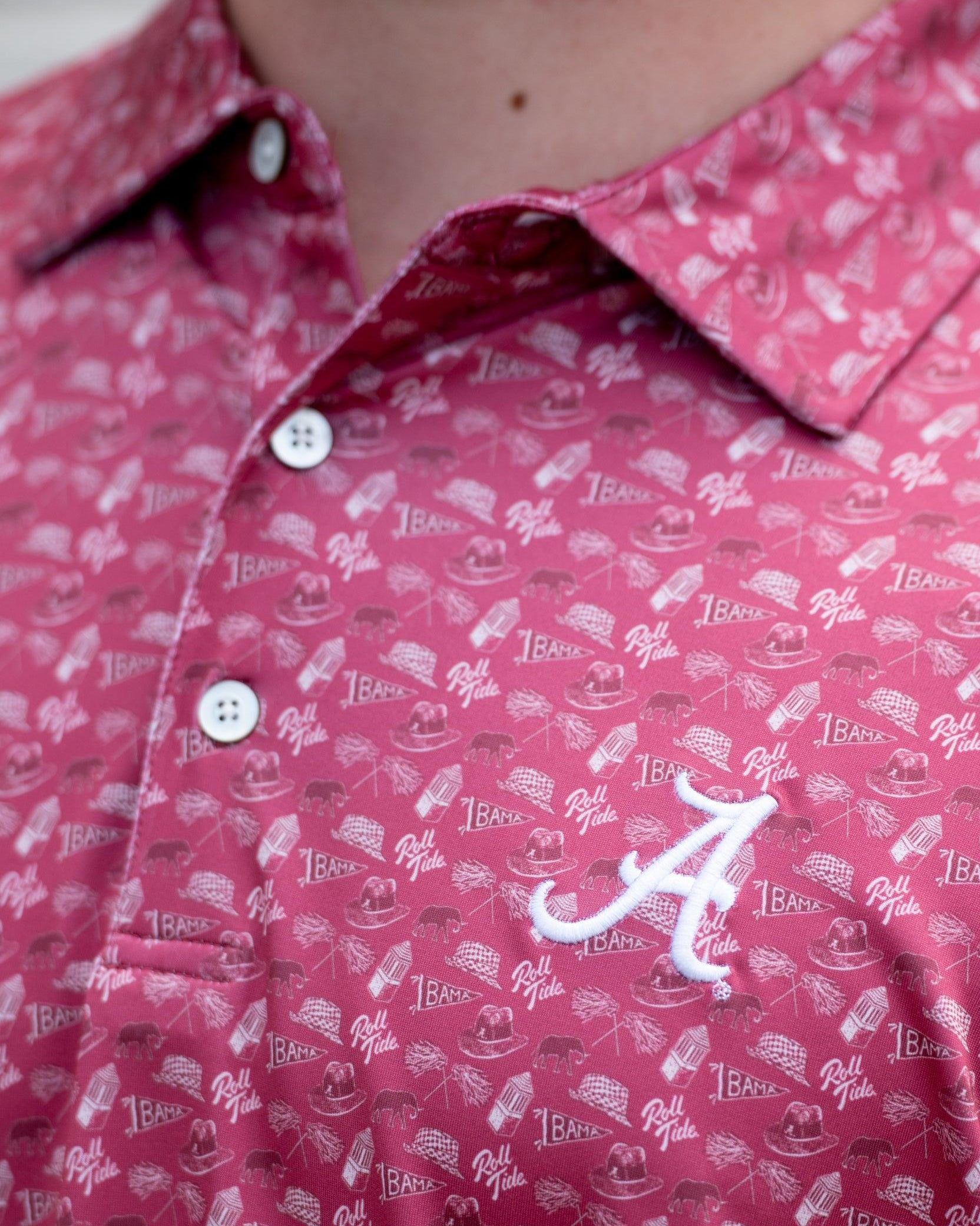 University of Alabama Red Men’s Patterned Polo with the Script A Logo embroidery