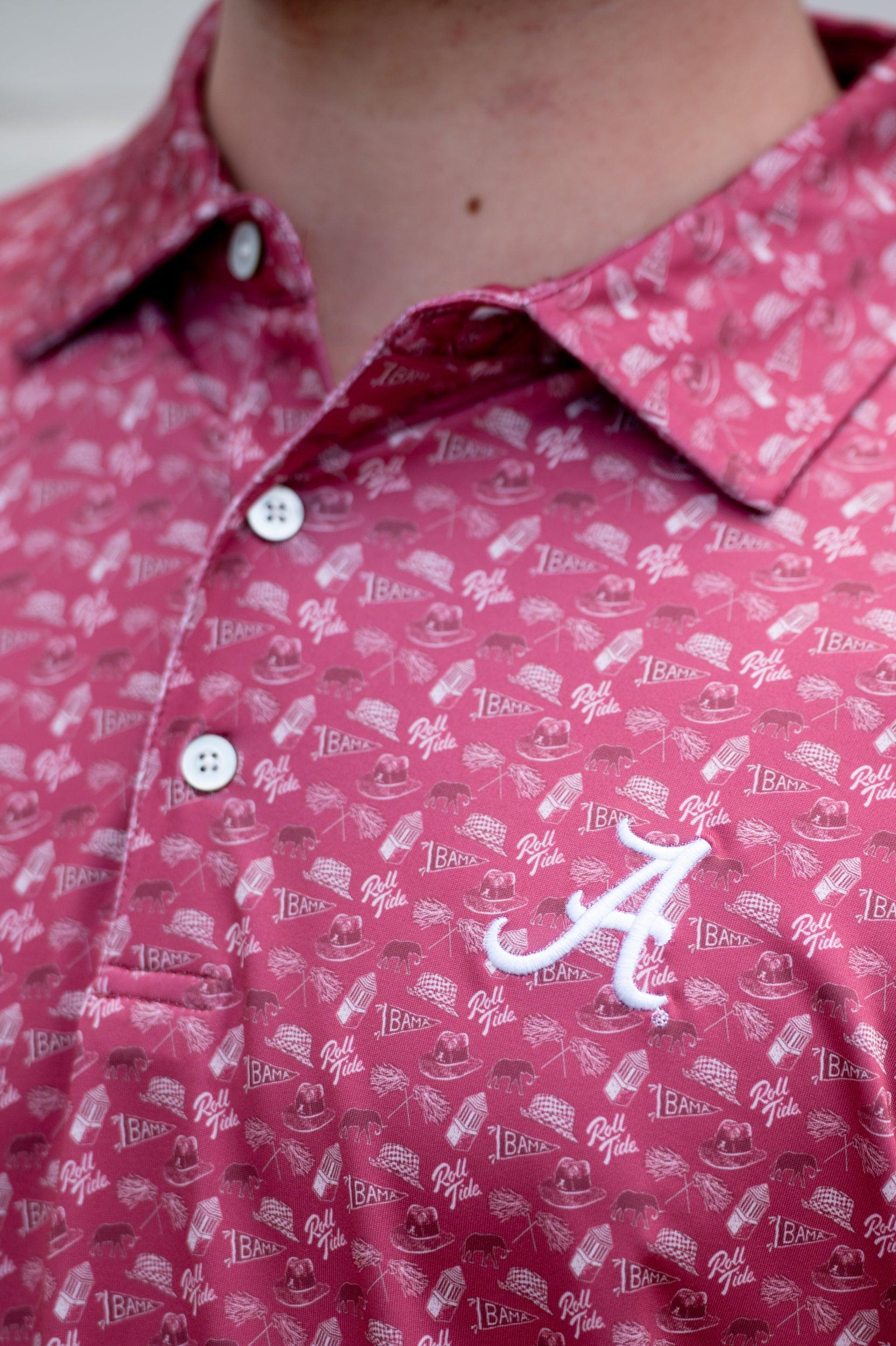 University of Alabama Red Men’s Patterned Polo with the Script A Logo embroidery