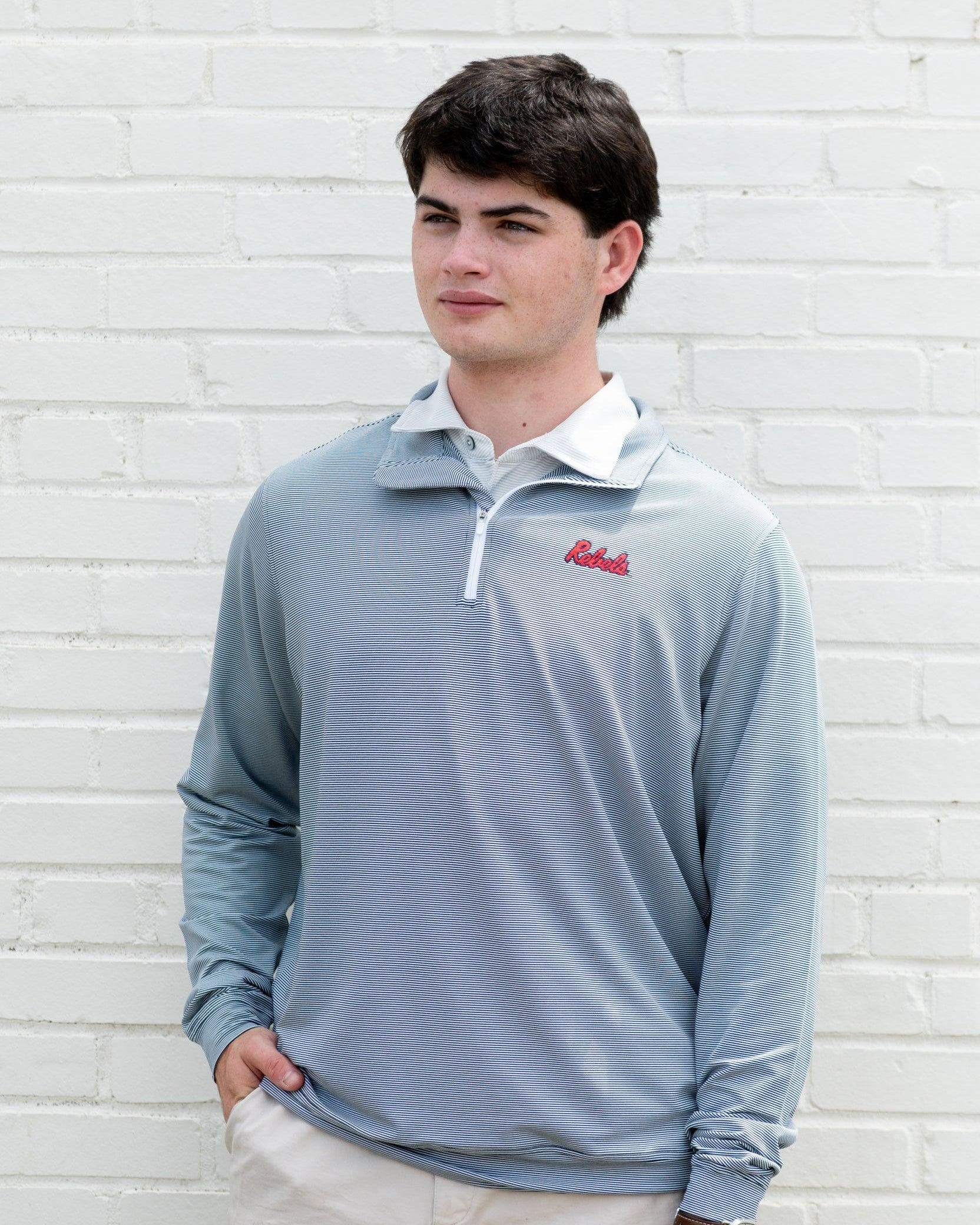 Ole Miss Navy Stripe ¼ Zip Pullover with the Script “Rebels” Logo embroidery