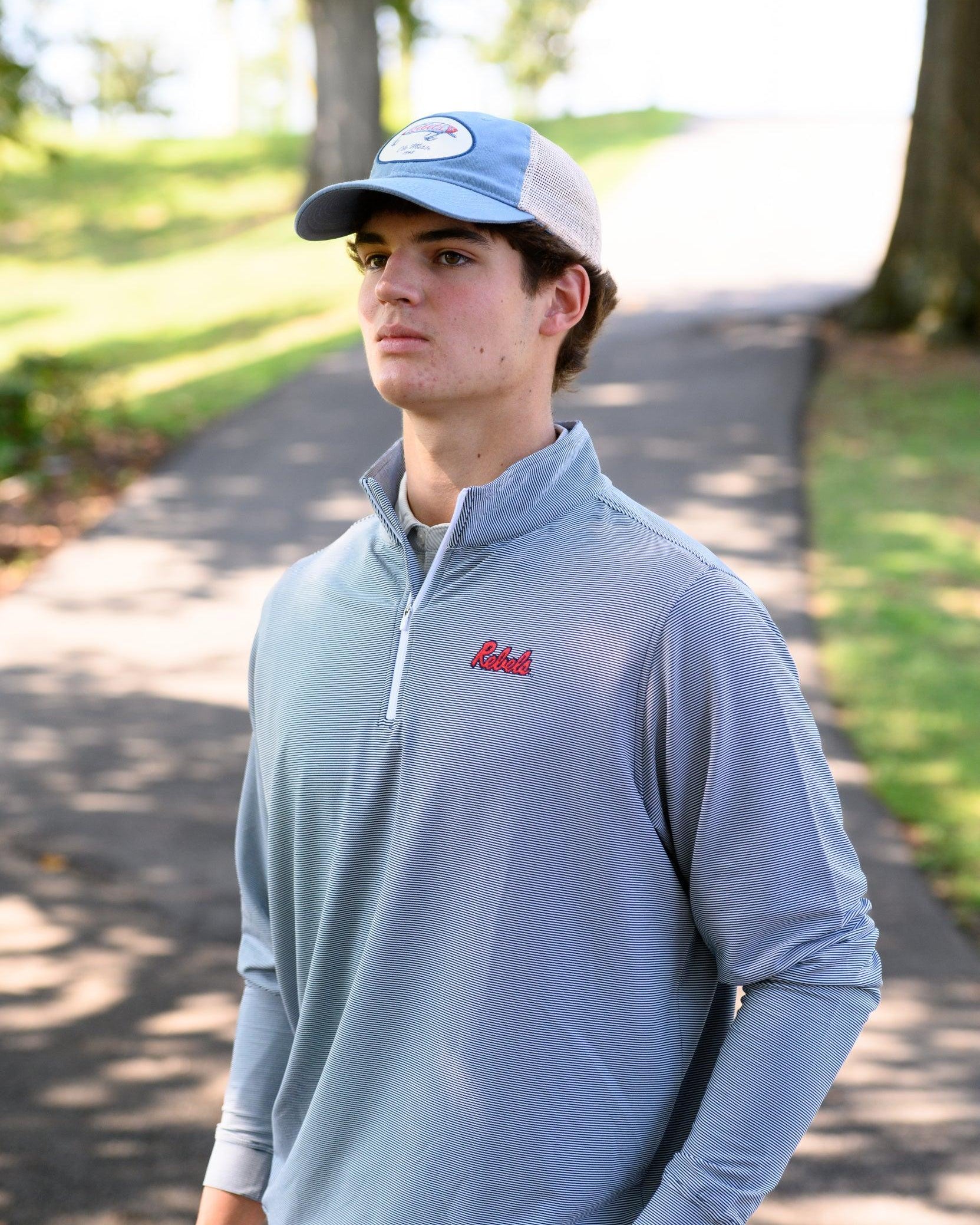 Ole Miss Navy Stripe ¼ Zip Pullover with the Script “Rebels” Logo embroidery