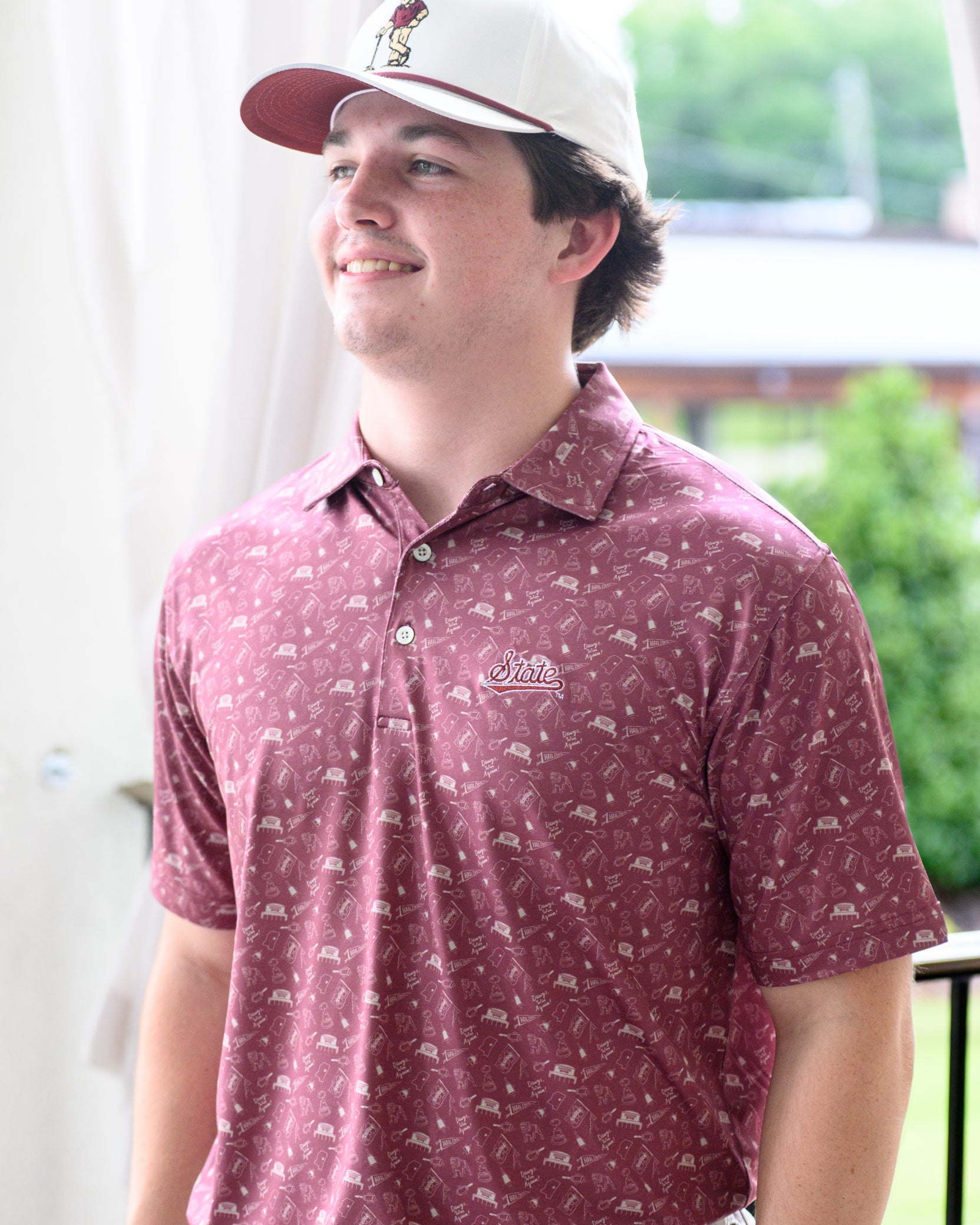 Mississippi State Maroon Men’s Patterned Polo with the Script State Logo embroidery