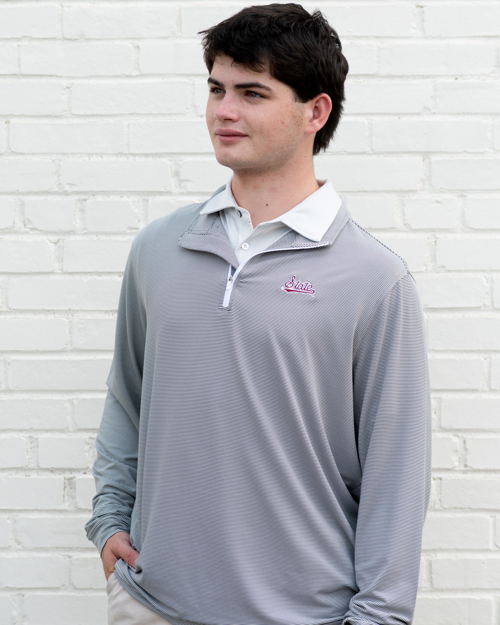 Mississippi State Light Grey Stripe ¼ Zip Pullover with the Script “State” Logo embroidery