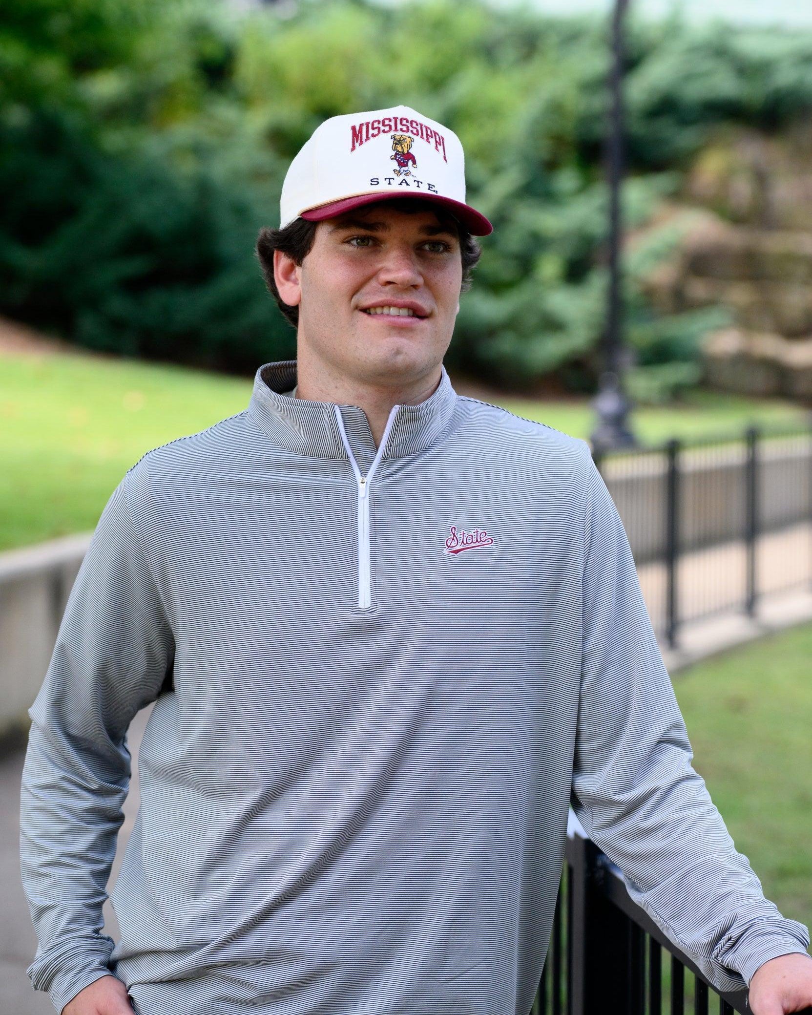 Mississippi State Light Grey Stripe ¼ Zip Pullover with the Script “State” Logo embroidery