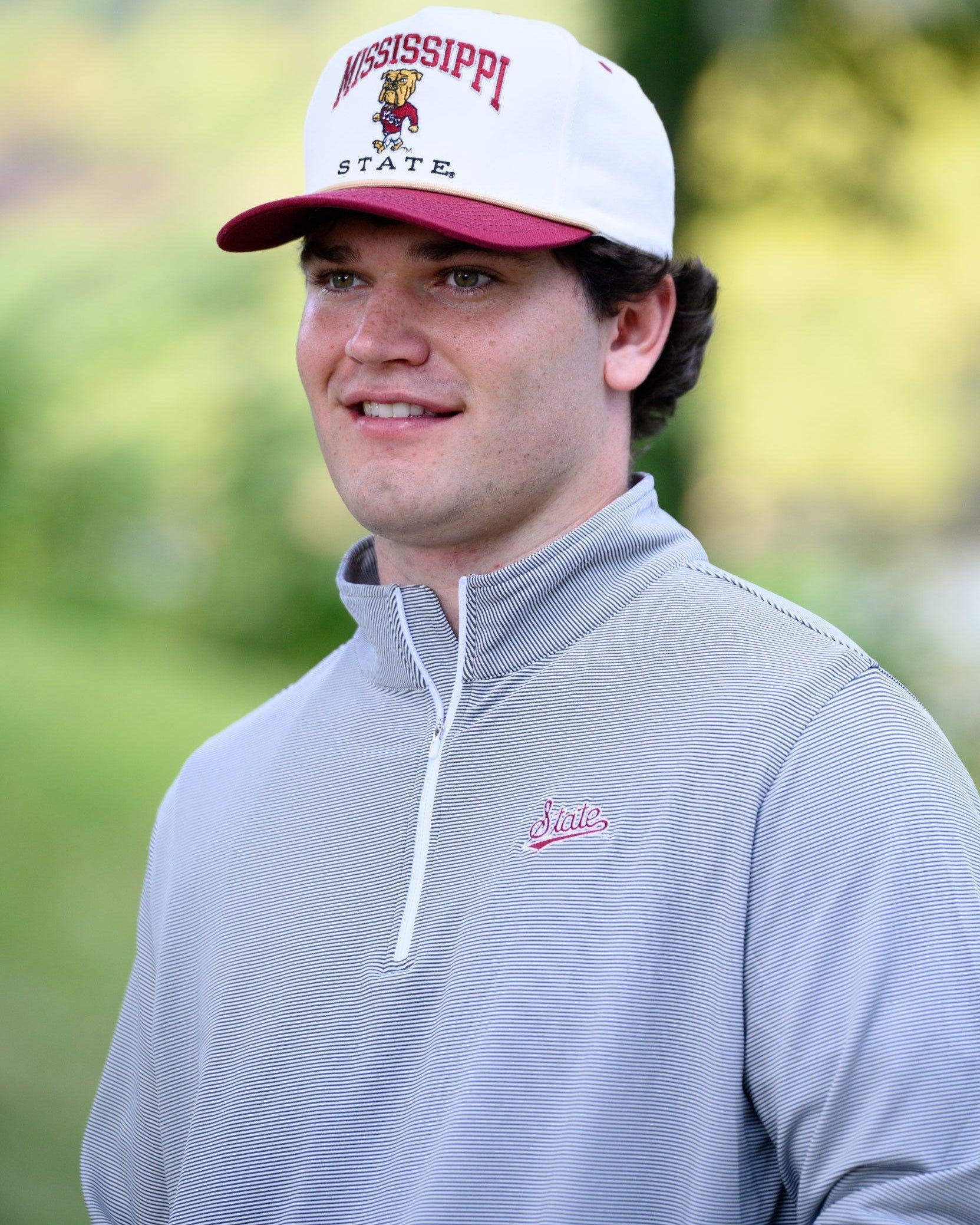 Mississippi State Light Grey Stripe ¼ Zip Pullover with the Script “State” Logo embroidery