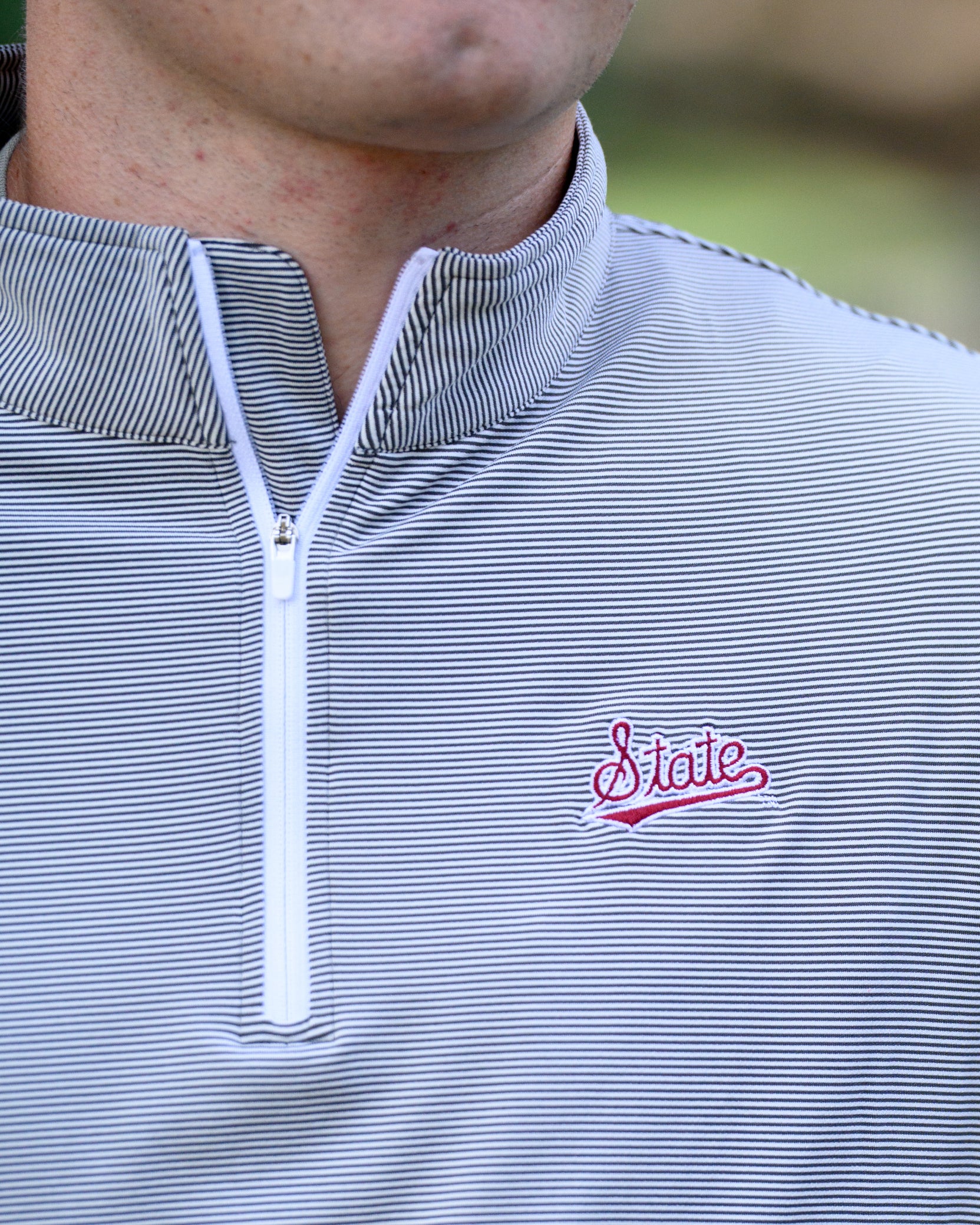 Mississippi State Light Grey Stripe ¼ Zip Pullover with the Script “State” Logo embroidery