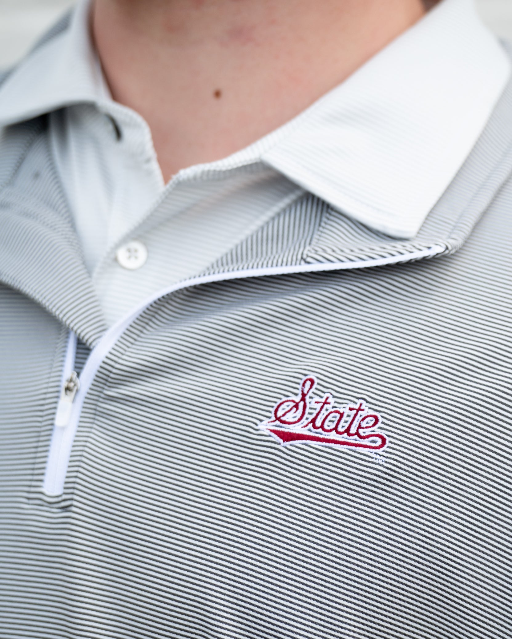 Mississippi State Light Grey Stripe ¼ Zip Pullover with the Script “State” Logo embroidery