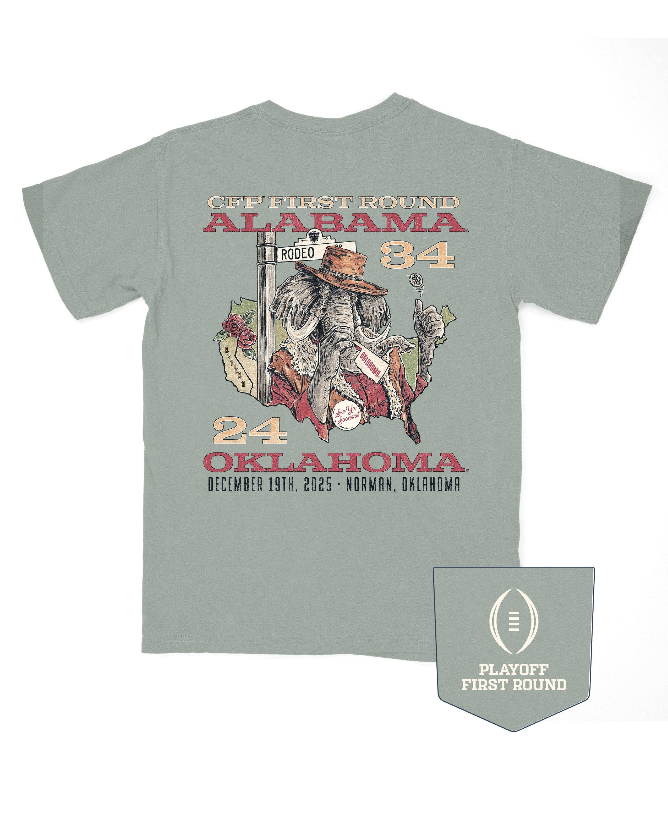 University of Alabama Green T-Shirt with text “CFF First Round Alabama 34” above an image of Big Al in a cowboy outfit inside of an outline of the United States of America with text “24 Oklahoma December 19th, 2025; Norman, Oklahoma” below the image