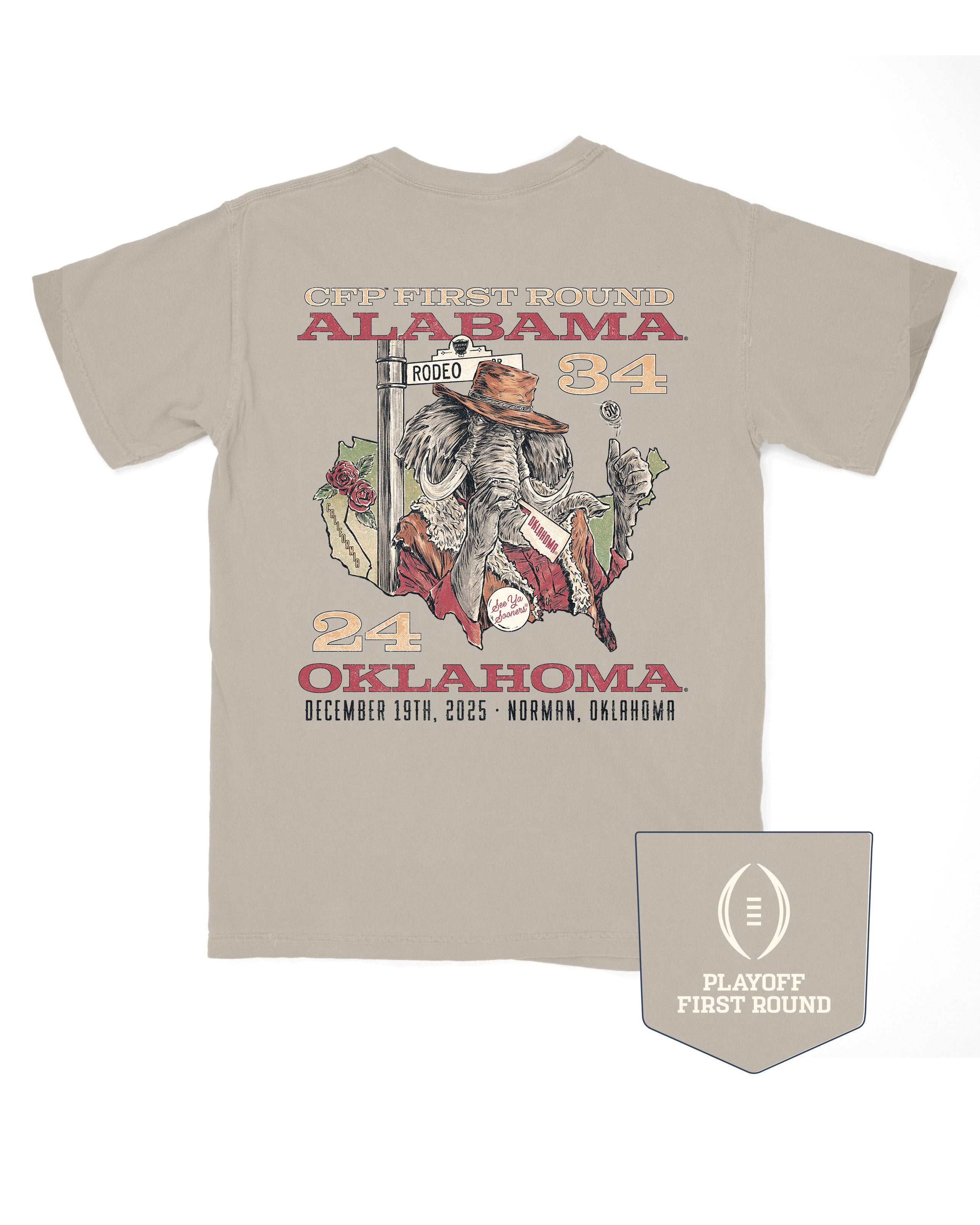 University of Alabama Beige T-Shirt with text “CFF First Round Alabama 34” above an image of Big Al in a cowboy outfit inside of an outline of the United States of America with text “24 Oklahoma December 19th, 2025; Norman, Oklahoma” below the image