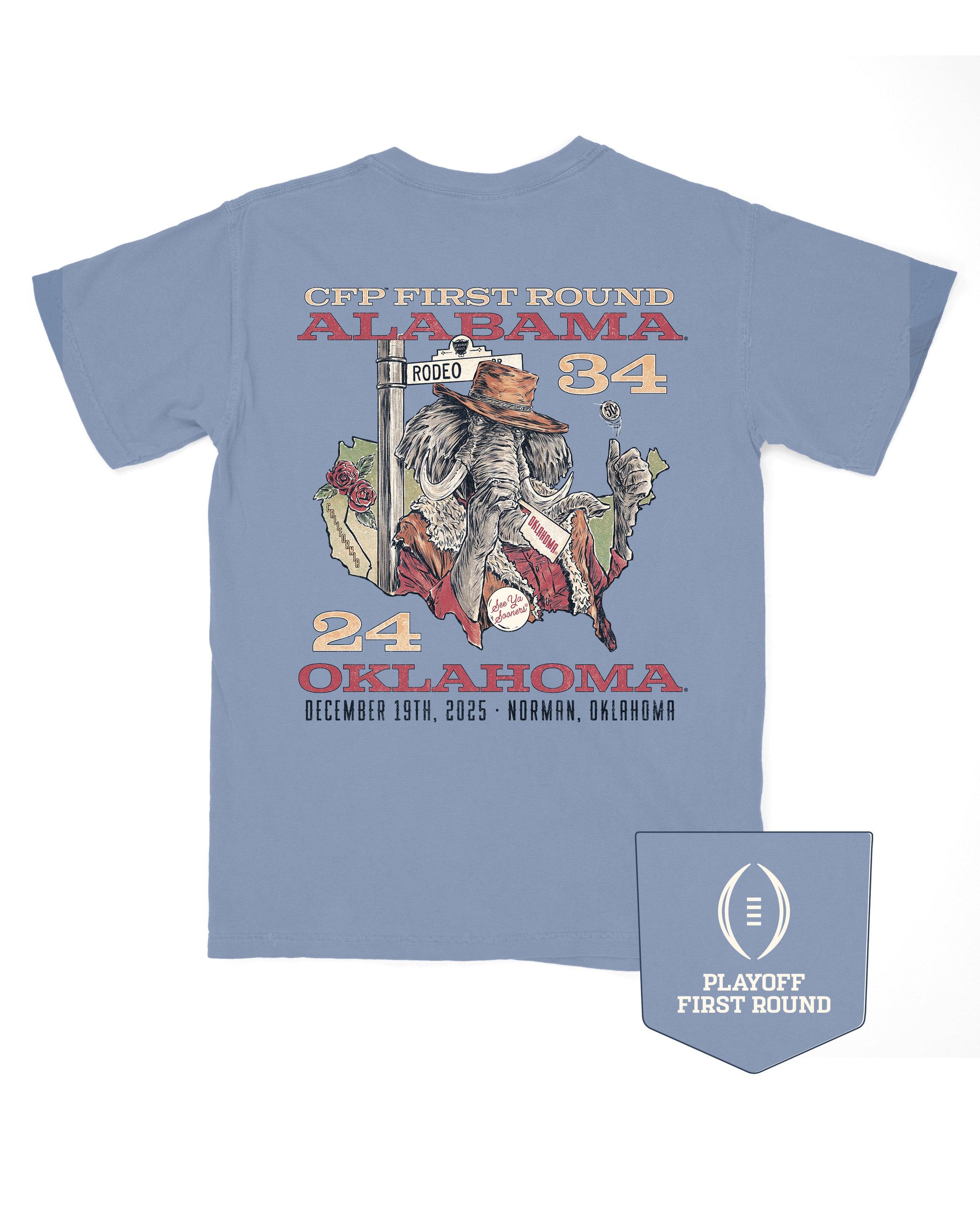 University of Alabama Blue T-Shirt with text “CFF First Round Alabama 34” above an image of Big Al in a cowboy outfit inside of an outline of the United States of America with text “24 Oklahoma December 19th, 2025; Norman, Oklahoma” below the image