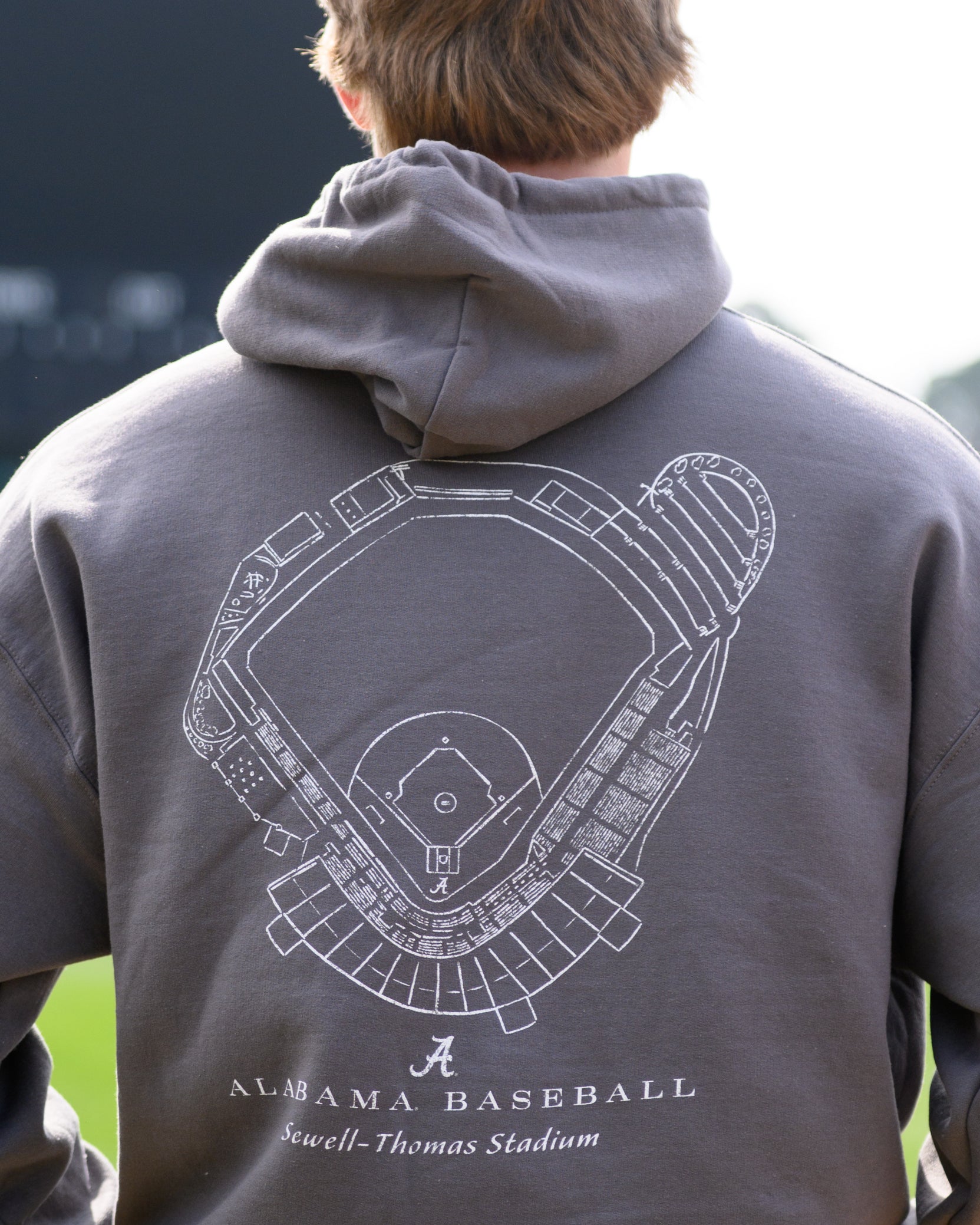 University of Alabama Dark Grey Distressed Hoodie with a White print of the Sewell-Thomas Stadium blueprint above text “Alabama Baseball”