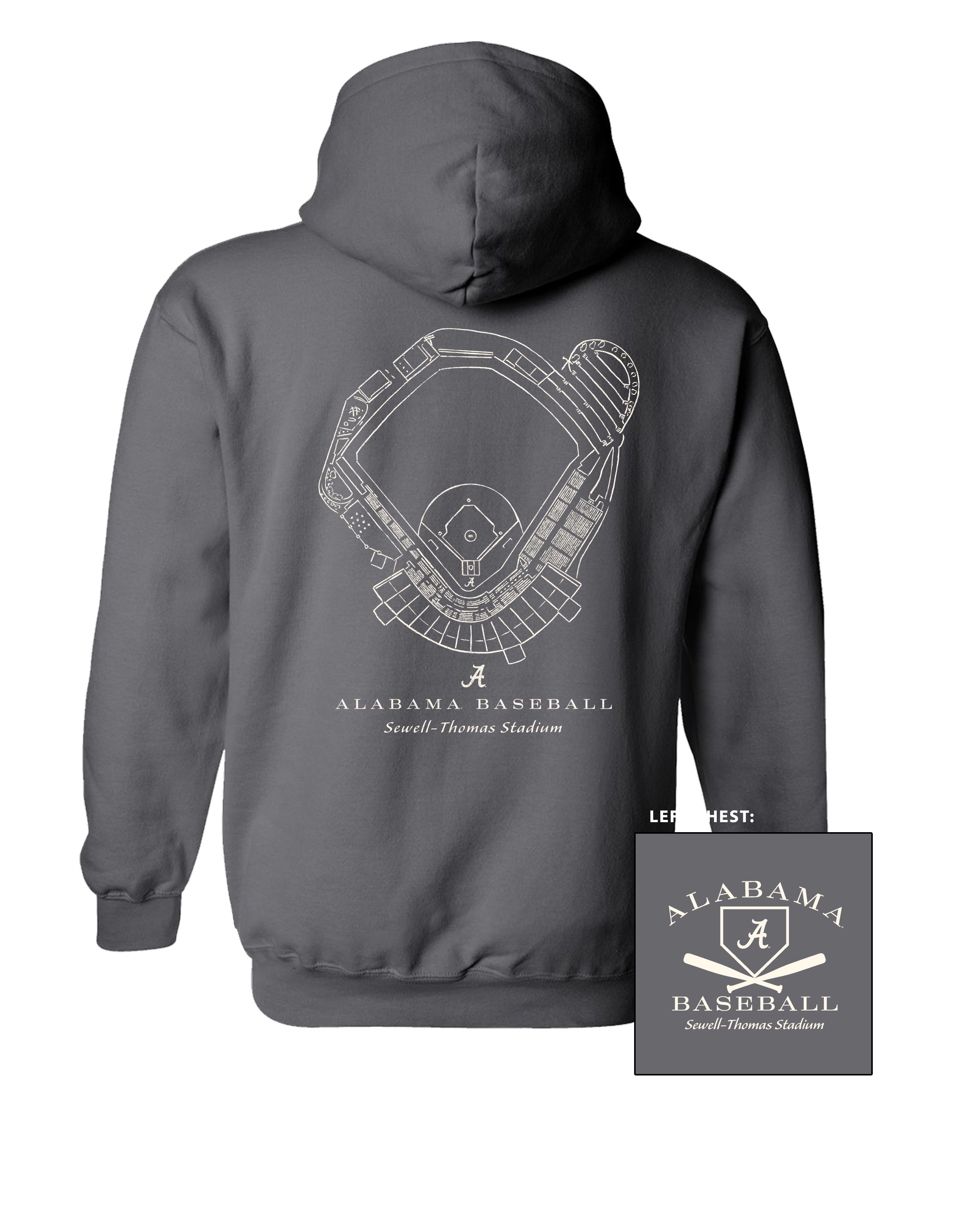 University of Alabama Dark Grey Distressed Hoodie with a White print of the Sewell-Thomas Stadium blueprint above text “Alabama Baseball”