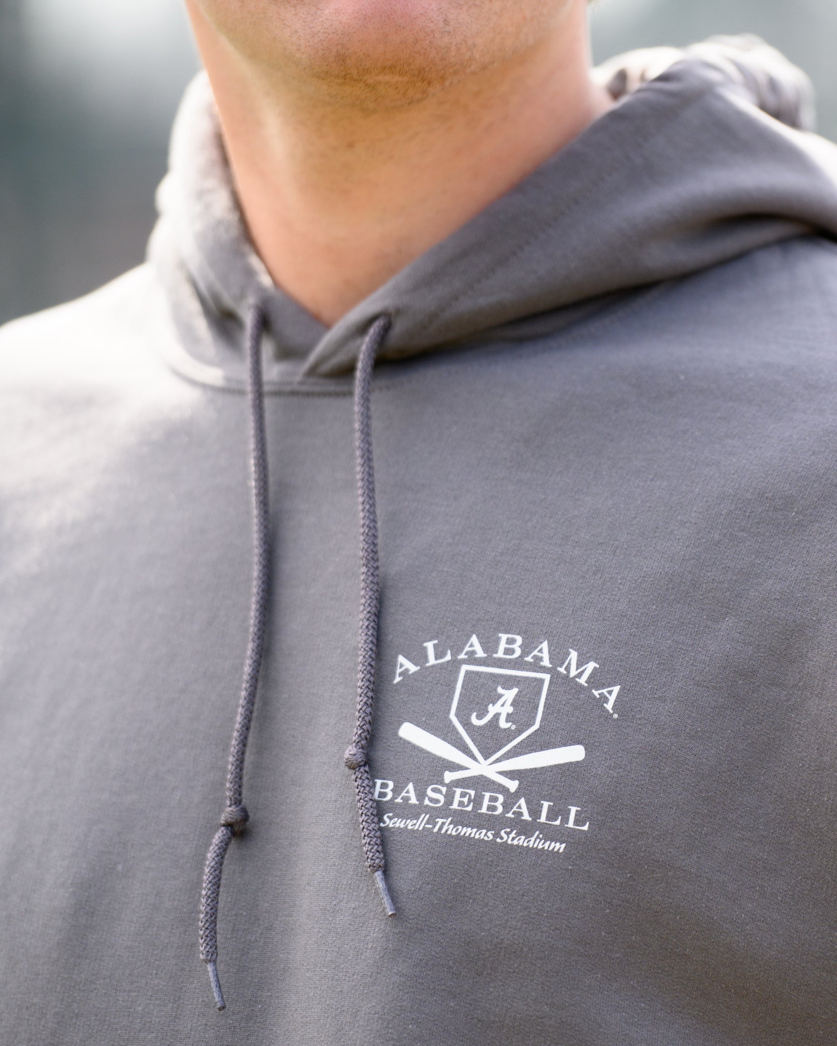 University of Alabama Light Grey Distressed Hoodie Chest Design with a white print of home plate over two crossed baseball bats