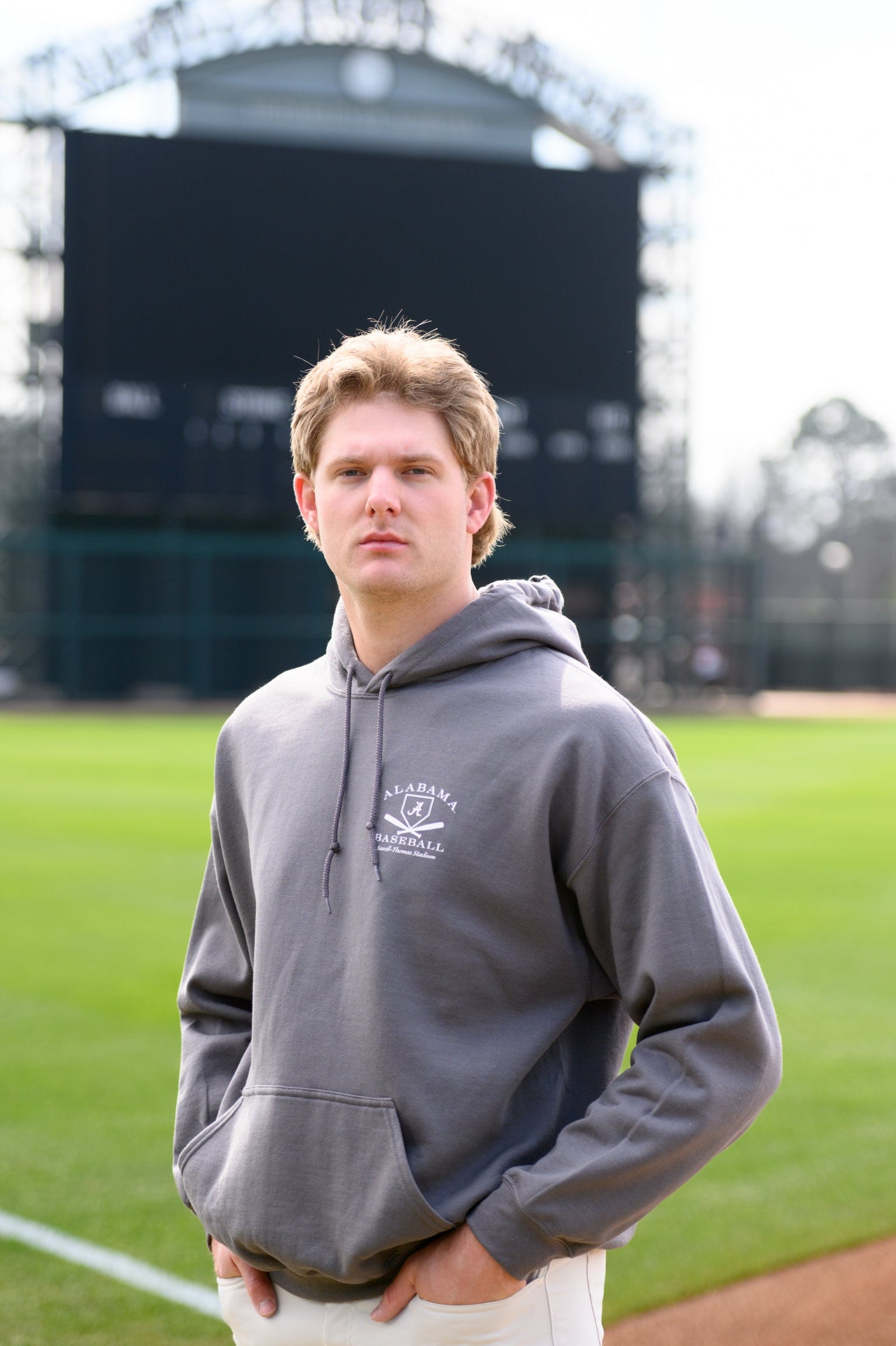 University of Alabama Light Grey Distressed Hoodie Chest Design with a white print of home plate over two crossed baseball bats