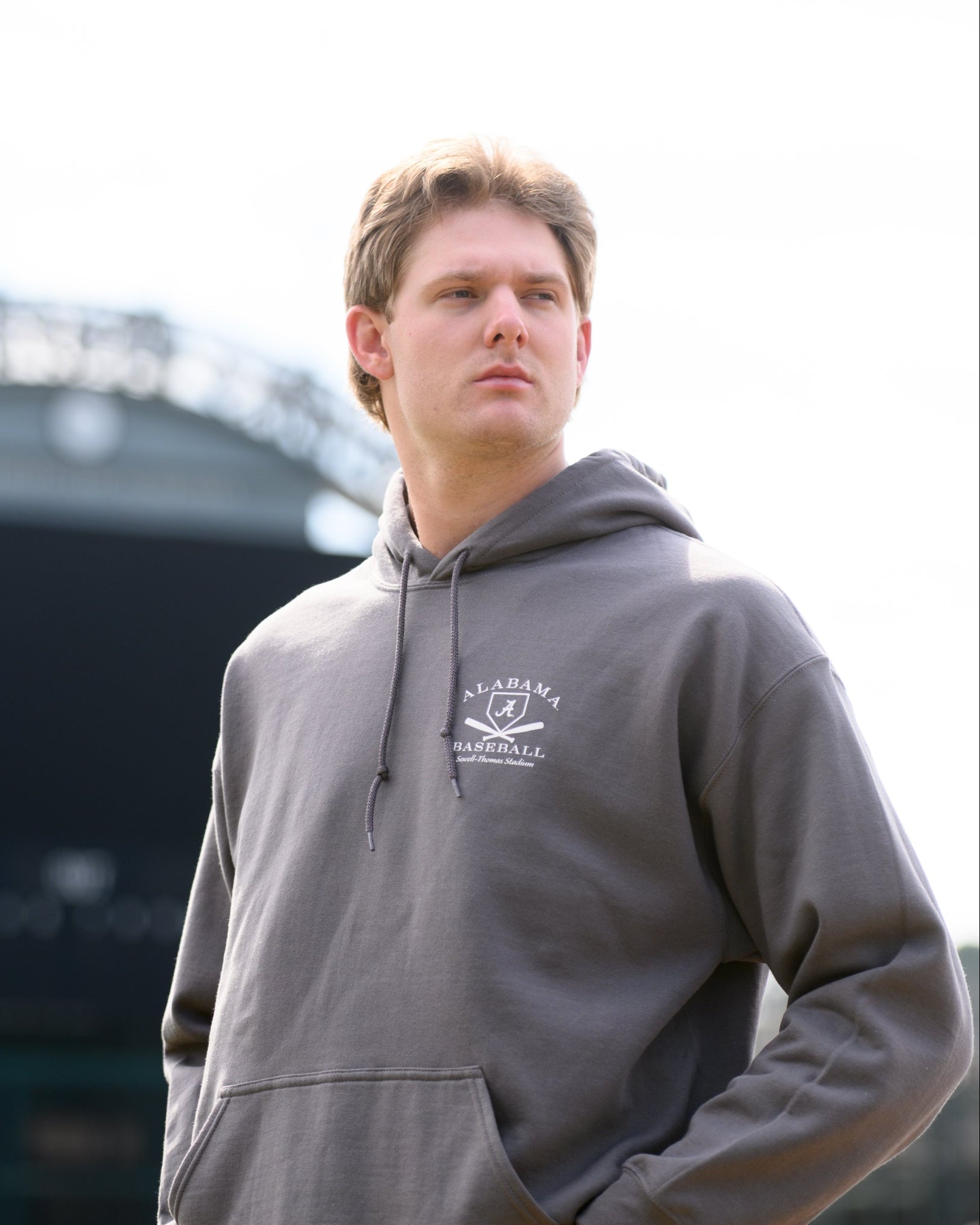 University of Alabama Light Grey Distressed Hoodie Chest Design with a white print of home plate over two crossed baseball bats