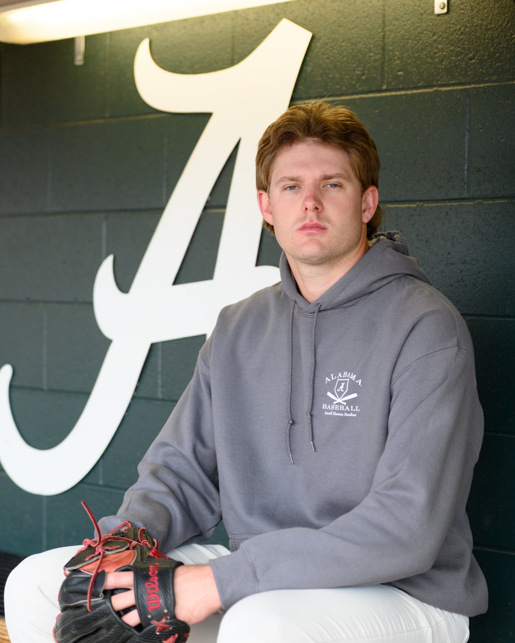 University of Alabama Light Grey Distressed Hoodie Chest Design with a white print of home plate over two crossed baseball bats