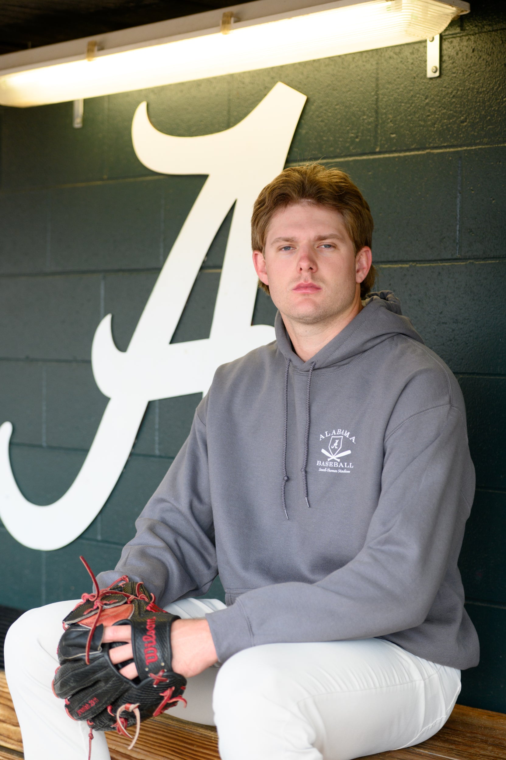 University of Alabama Light Grey Distressed Hoodie Chest Design with a white print of home plate over two crossed baseball bats