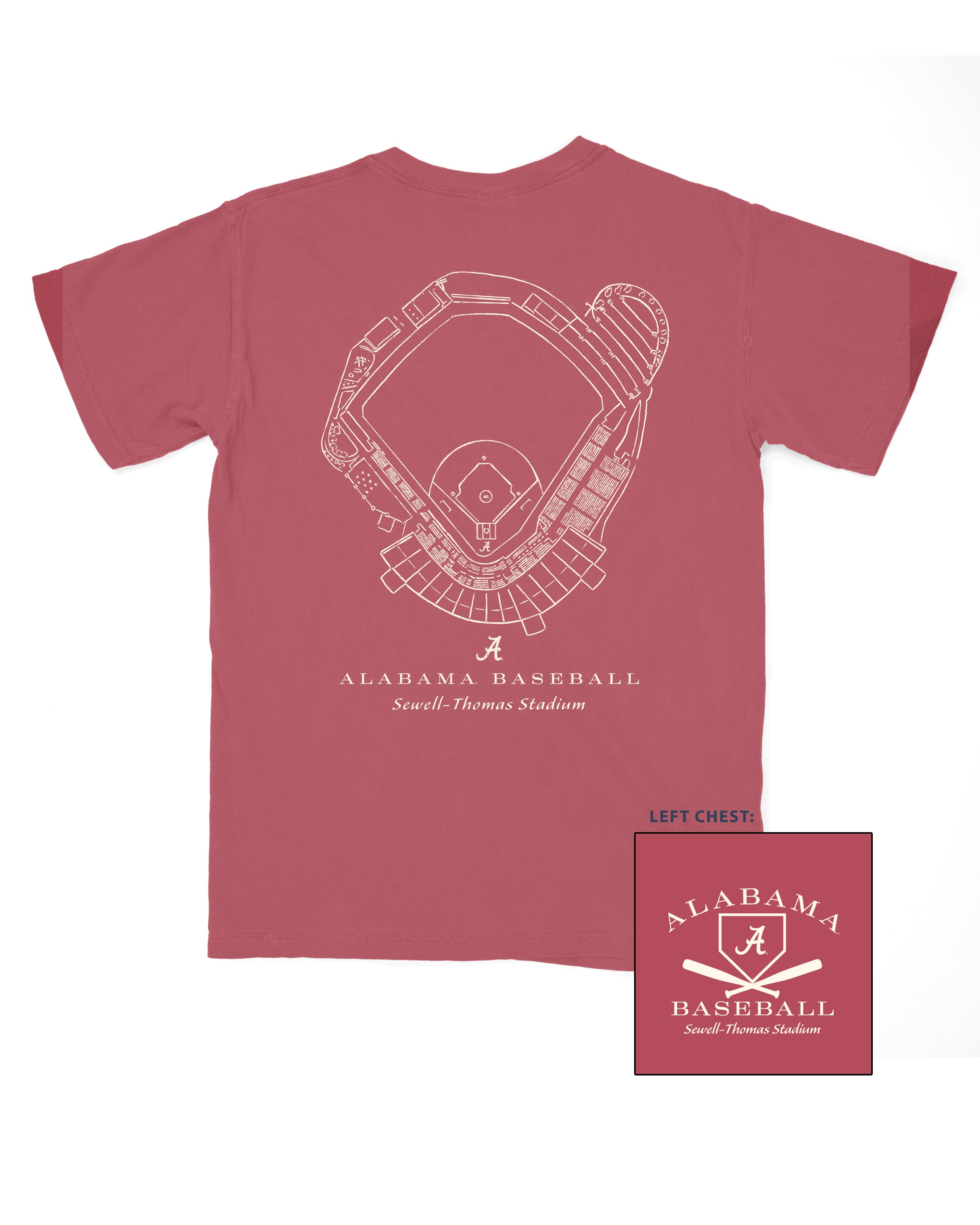 University of Alabama Red Distressed Tee with a White print of the Sewell-Thomas Stadium blueprint above text “Alabama Baseball”
