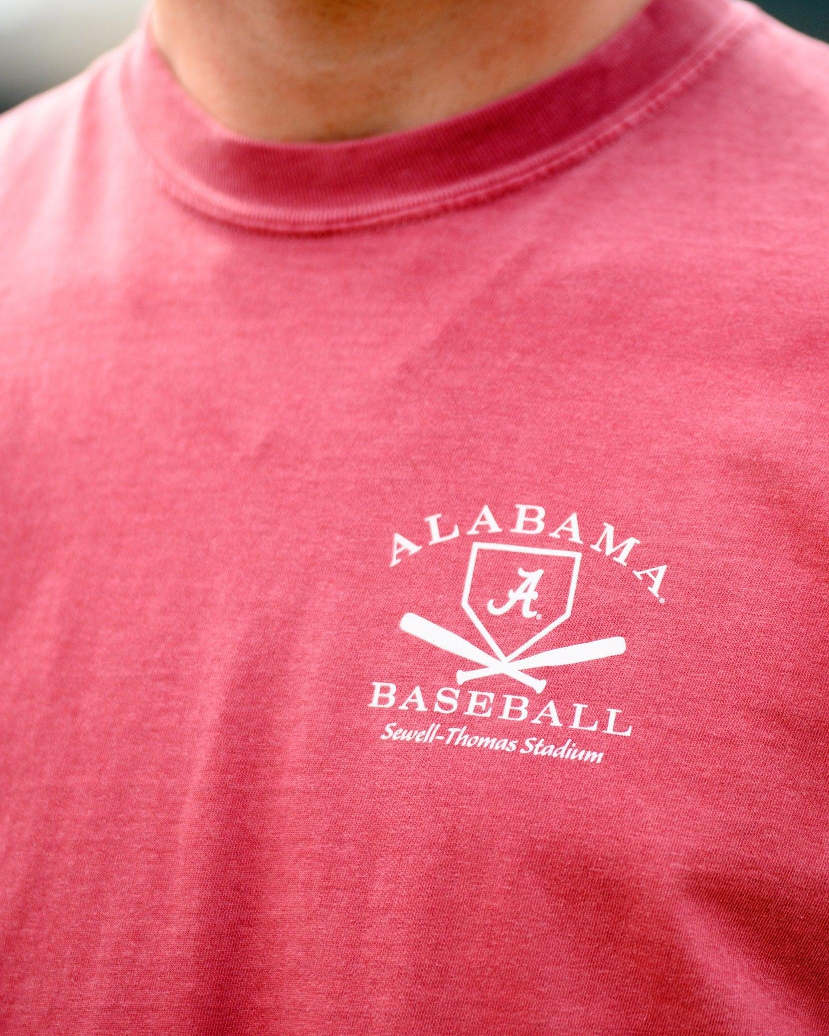 University of Alabama Red Distressed Tee Chest Design with a white print of home plate over two crossed baseball bats