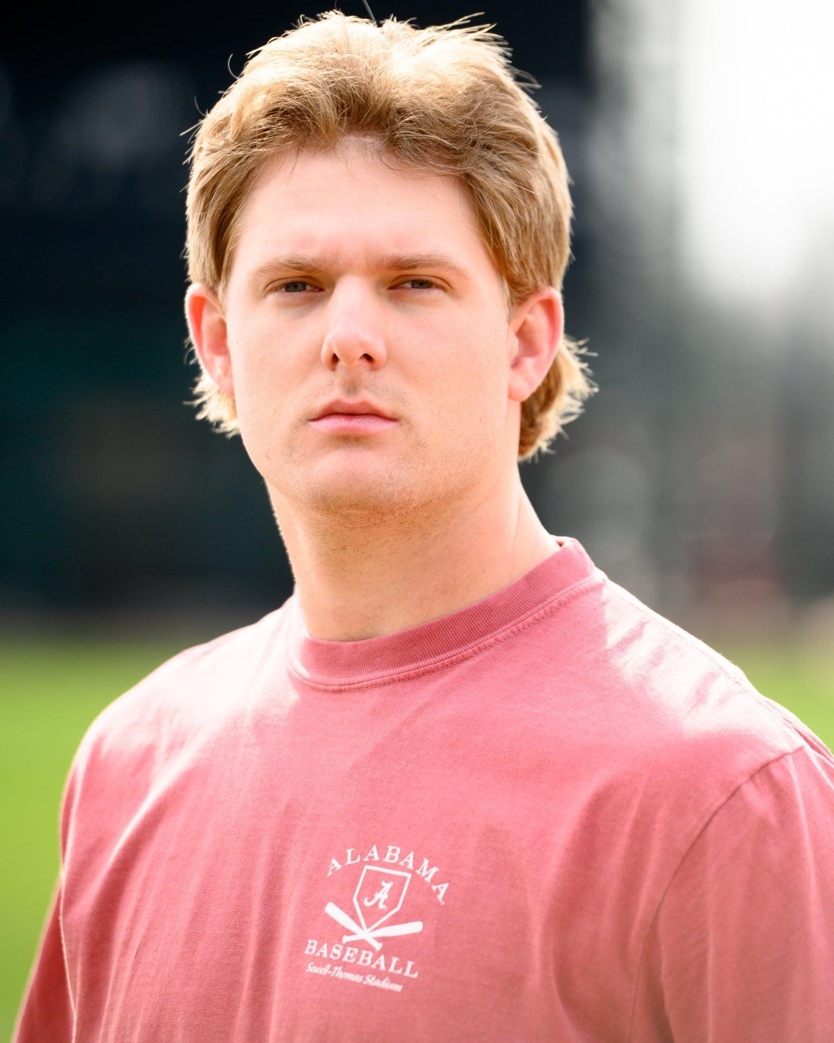 University of Alabama Red Distressed Tee Chest Design with a white print of home plate over two crossed baseball bats