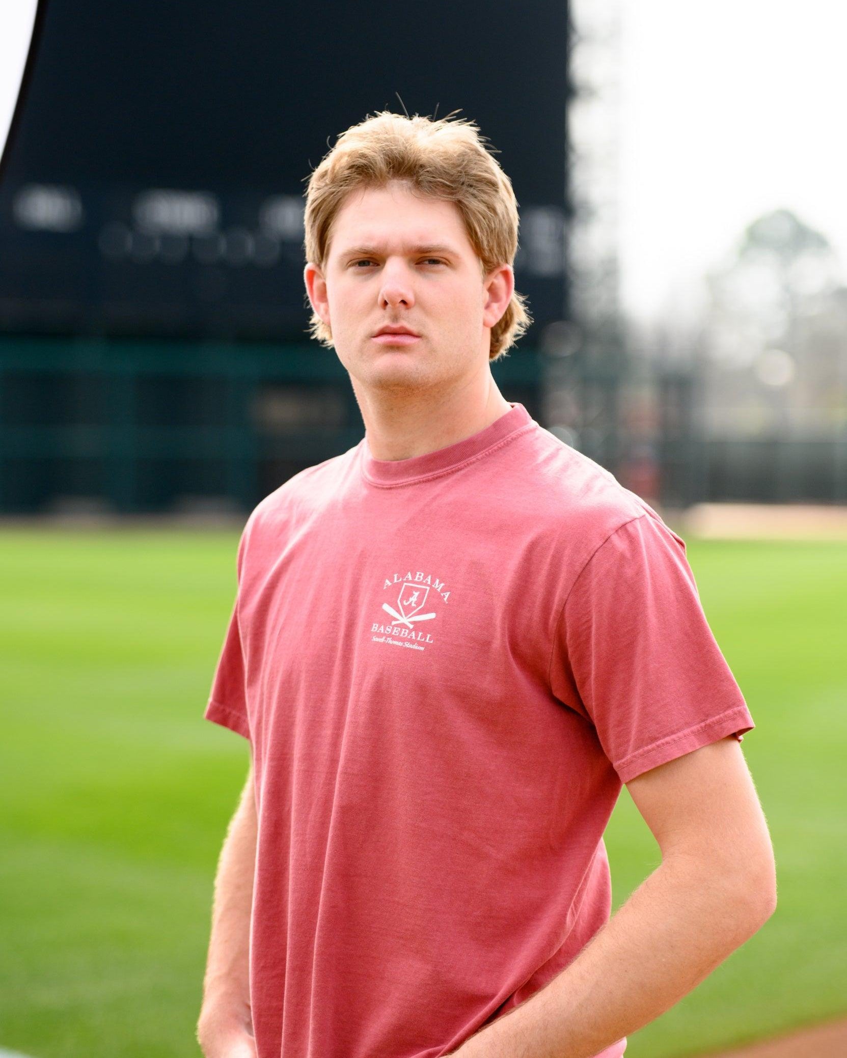 University of Alabama Red Distressed Tee Chest Design with a white print of home plate over two crossed baseball bats