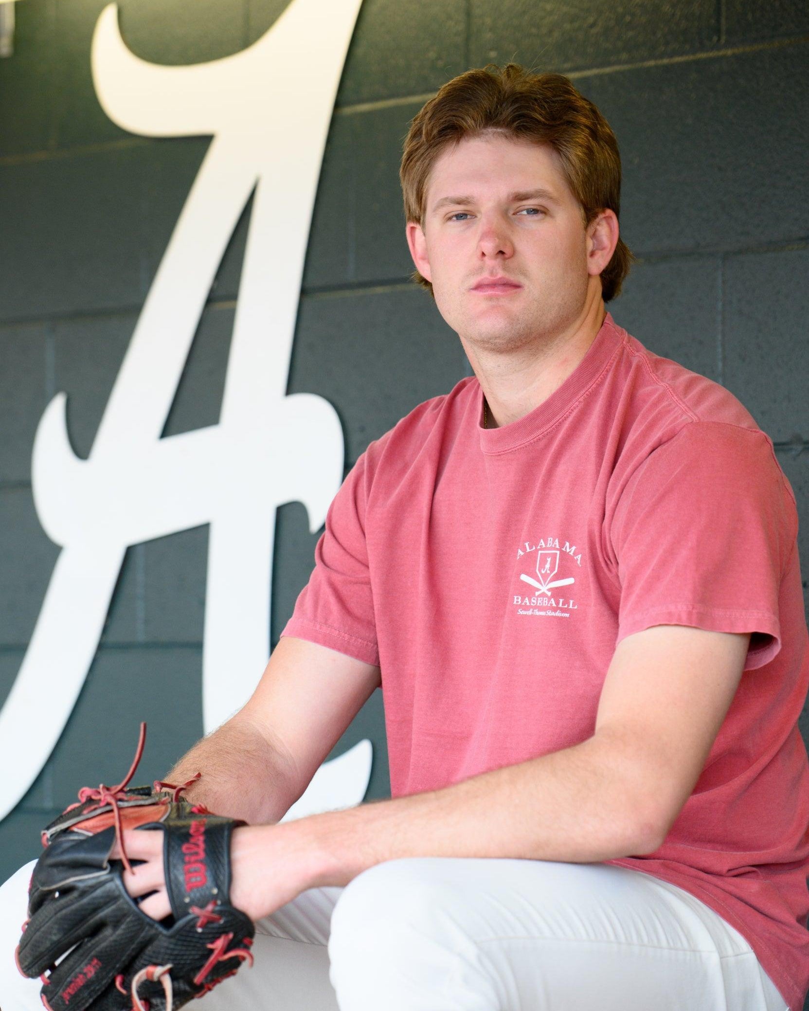 University of Alabama Red Distressed Tee Chest Design with a white print of home plate over two crossed baseball bats