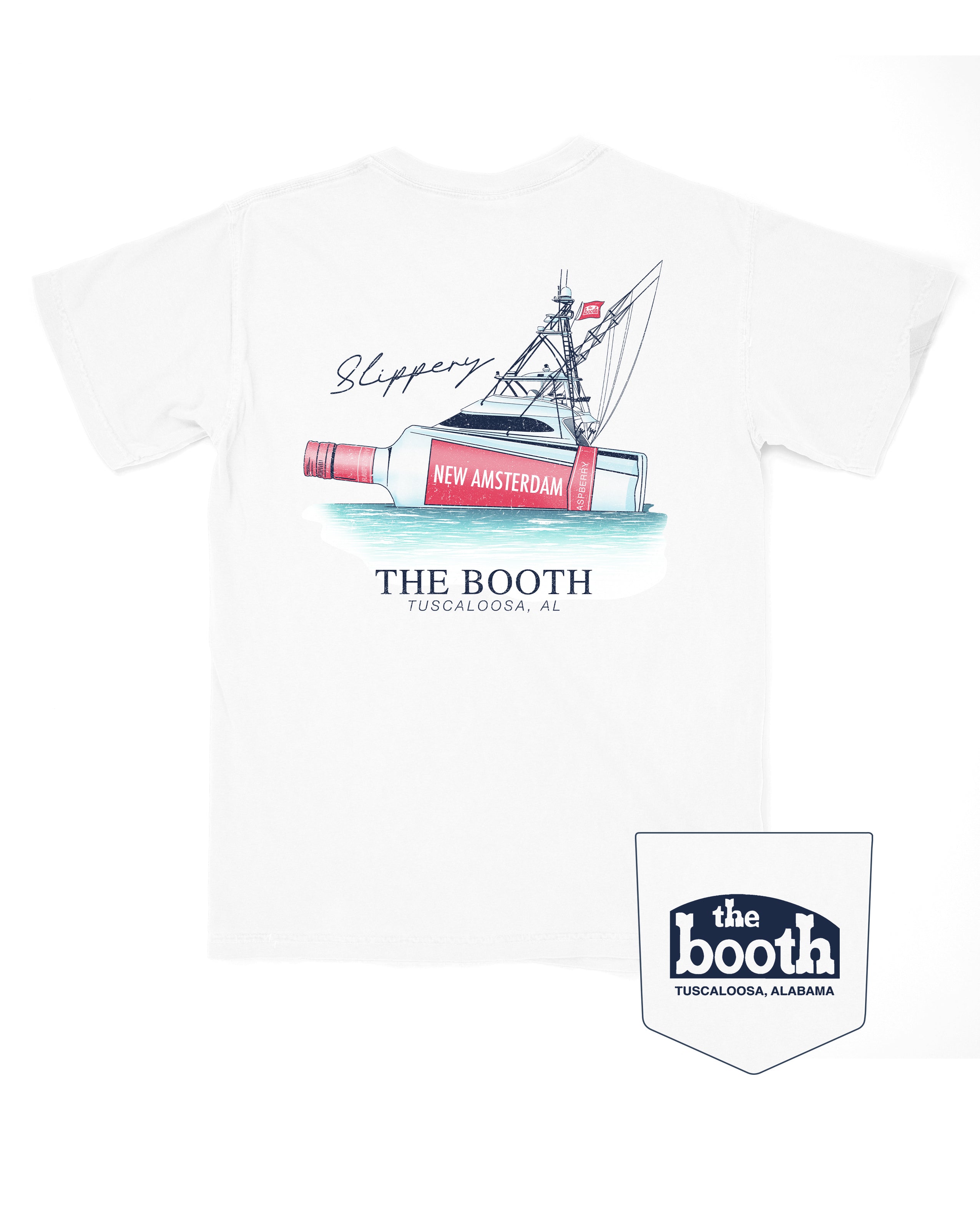 The Booth White T-Shirt featuring an illustration of a bottle attached to a boat next to script text “Slippery”