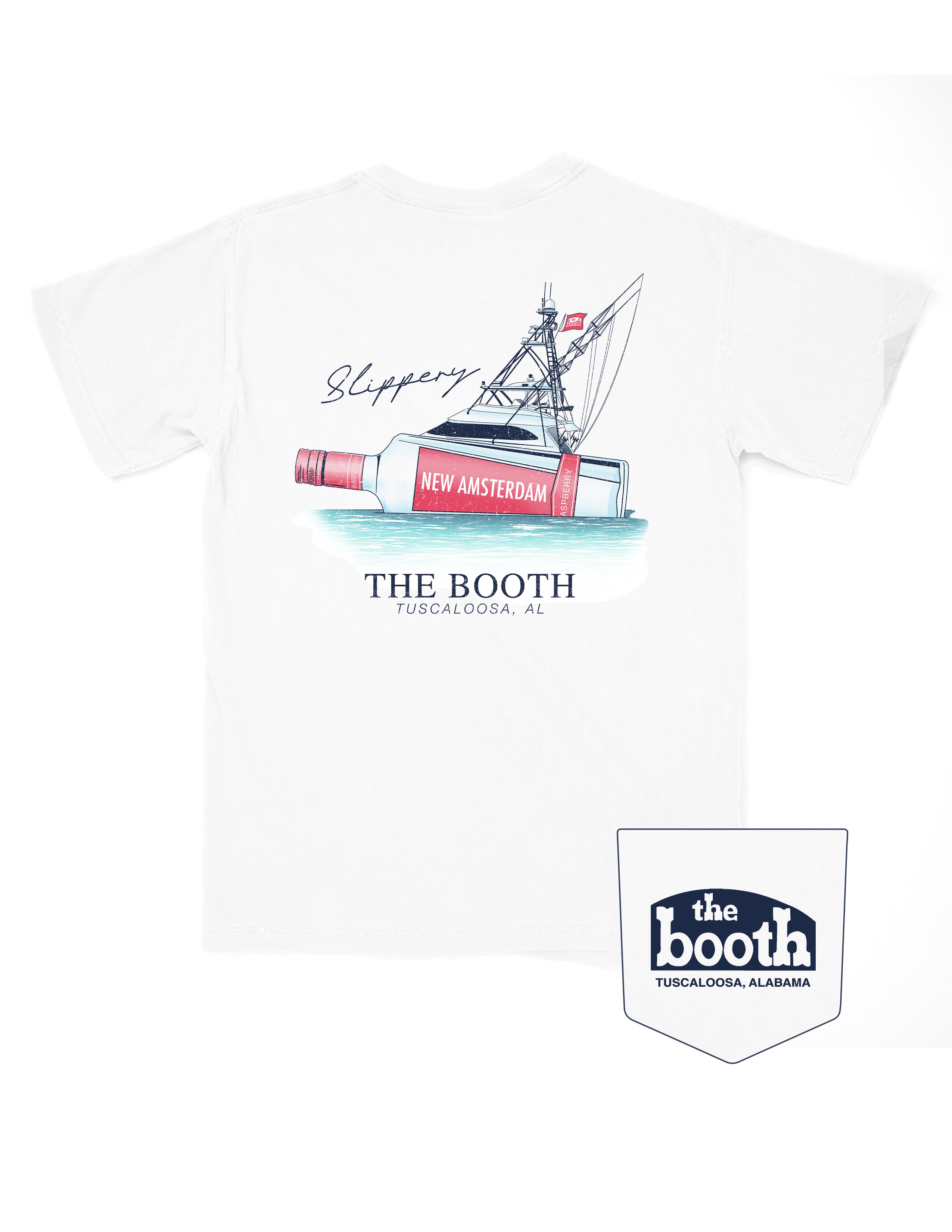 The Booth White T-Shirt featuring an illustration of a bottle attached to a boat next to script text “Slippery”