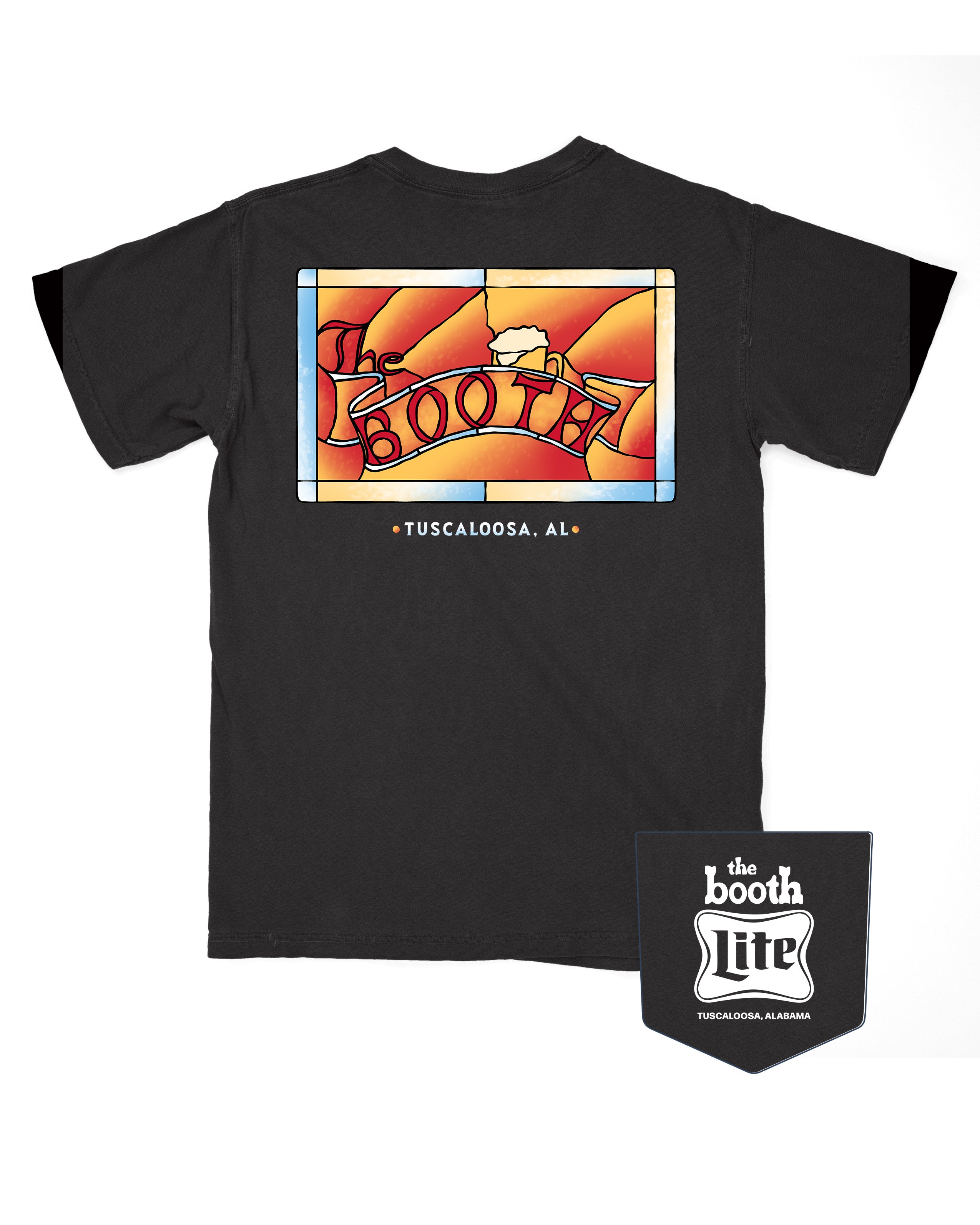 The Booth Black T-Shirt with a stained-glass style graphic featuring a banner with text “The Booth” and a mug of beer