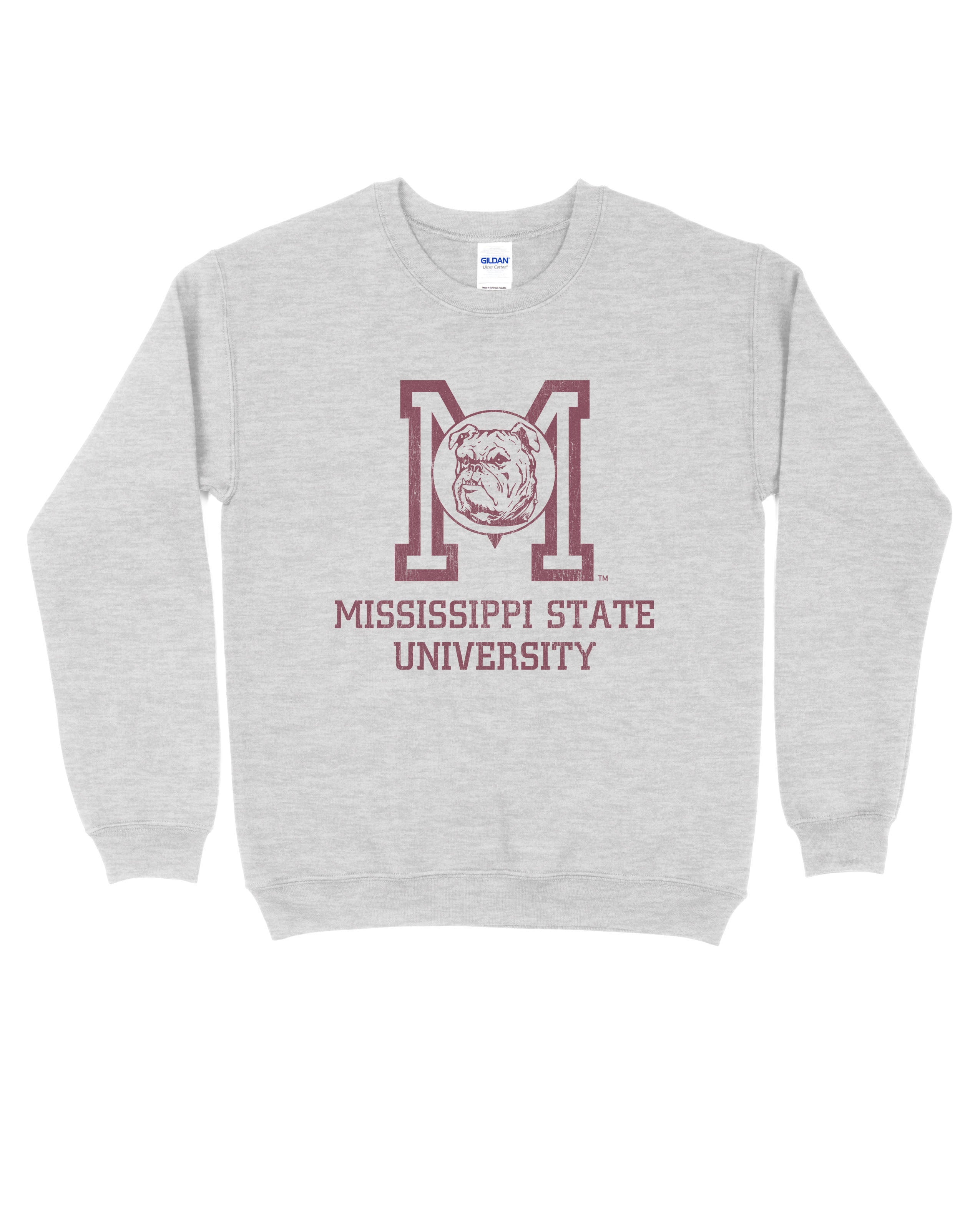 Mississippi State Light Grey Sweatshirt with the Vintage State Logo above Maroon text “Mississippi State University”