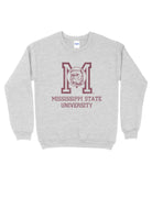 Mississippi State Light Grey Sweatshirt with the Vintage State Logo above Maroon text “Mississippi State University”