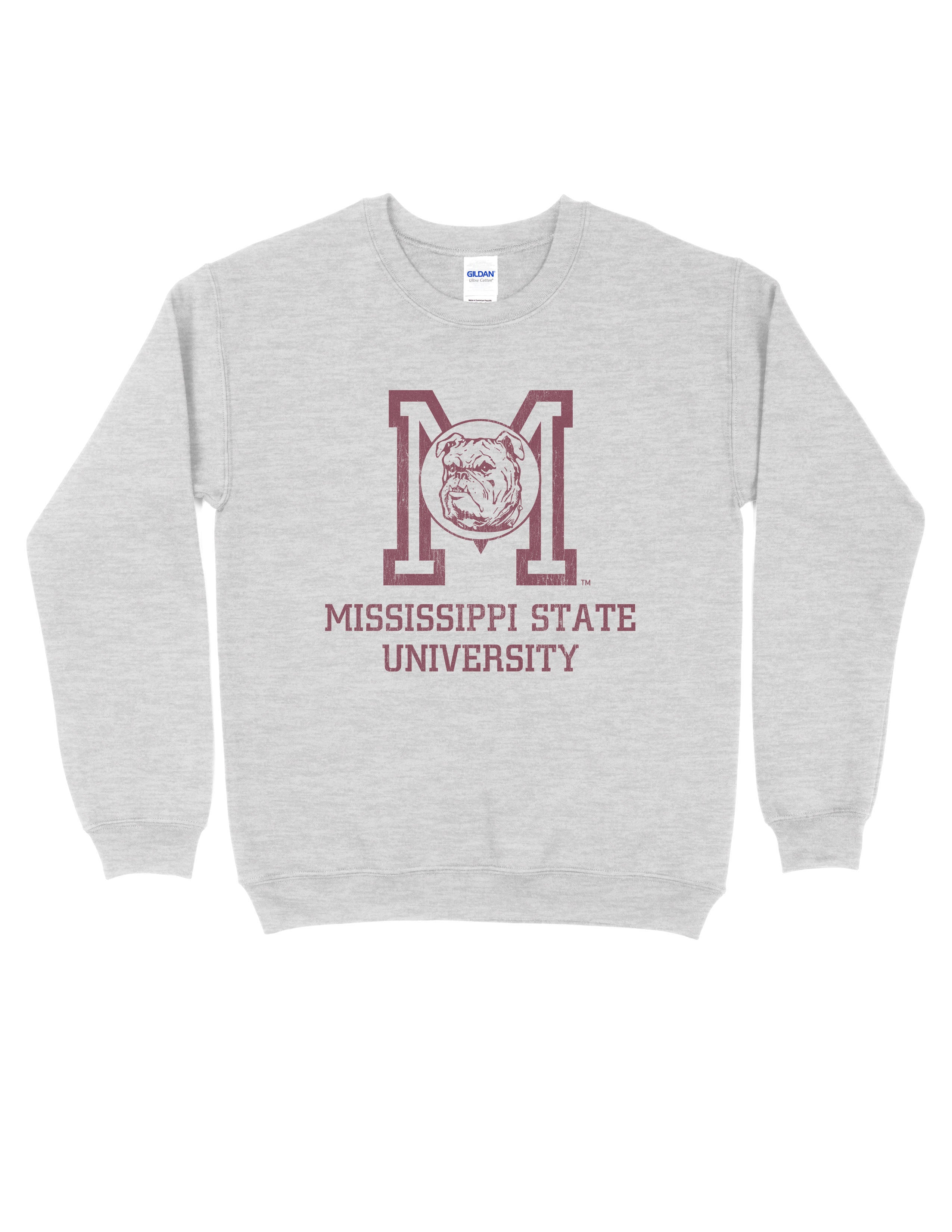Mississippi State Light Grey Sweatshirt with the Vintage State Logo above Maroon text “Mississippi State University”