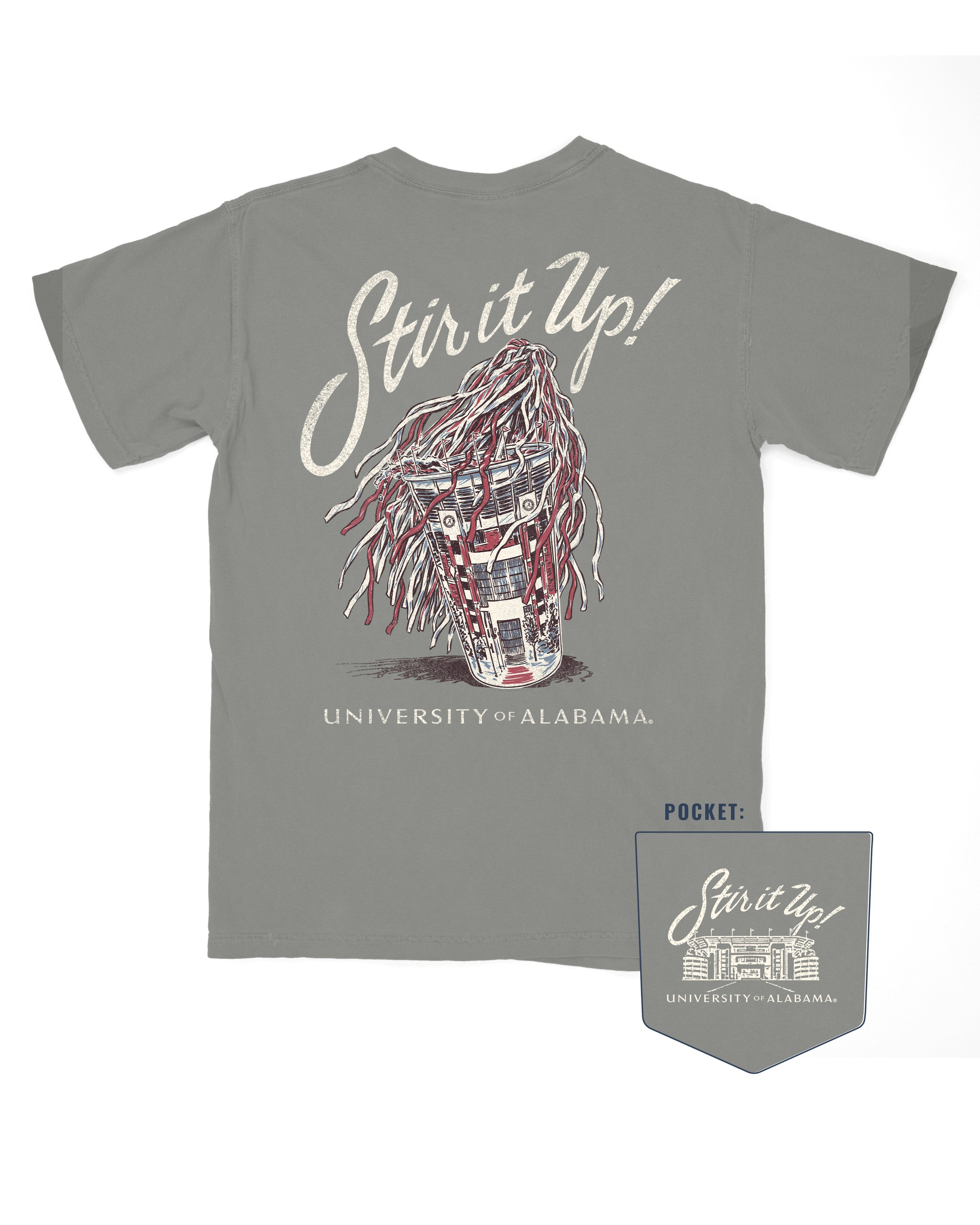 University of Alabama Grey T-Shirt with White text “Stir it Up!” above a stadium cup with a Red and White shaker inside