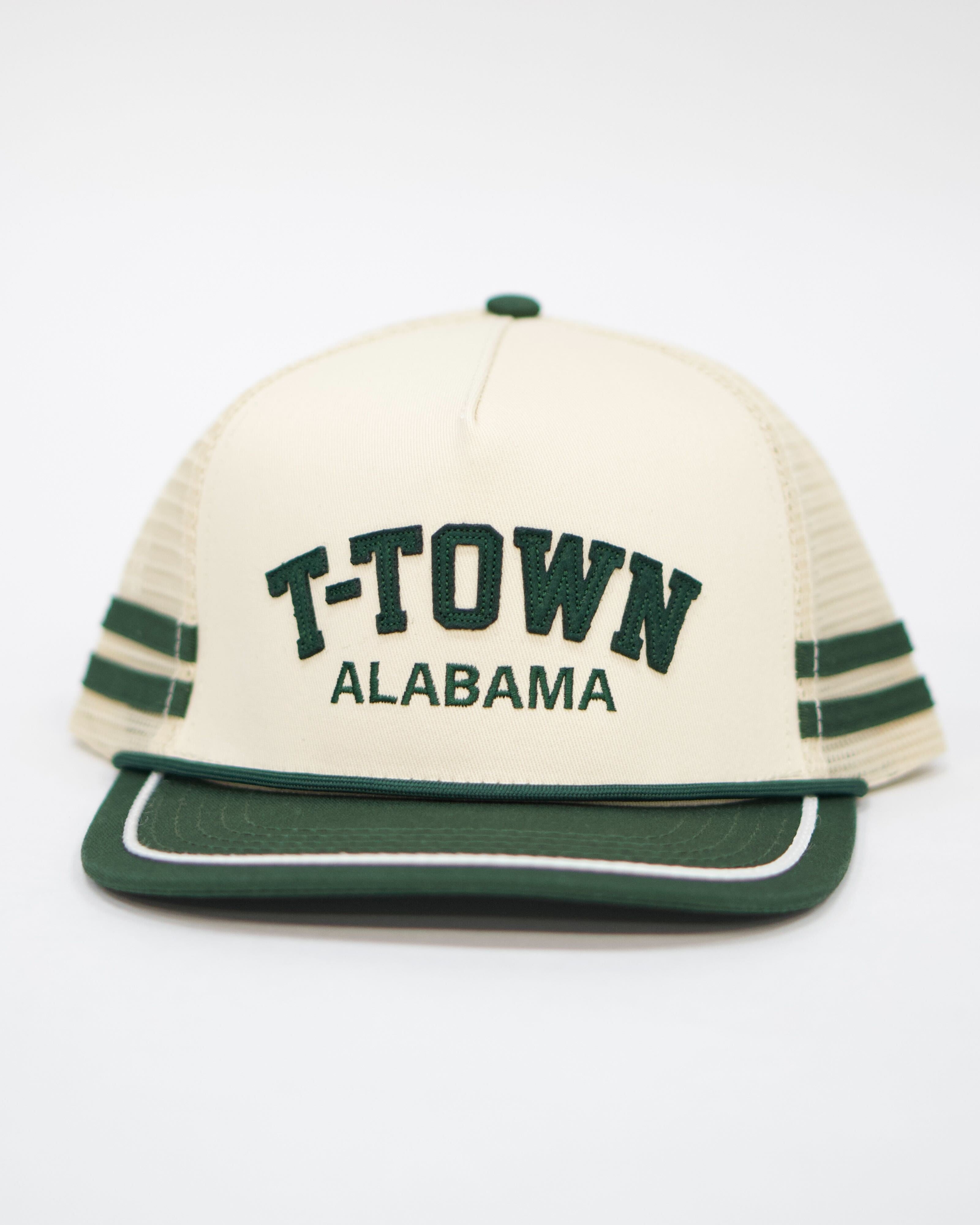 Local Merch Cream hat with Green Felt letters “T-Town” over embroidered text “Alabama”