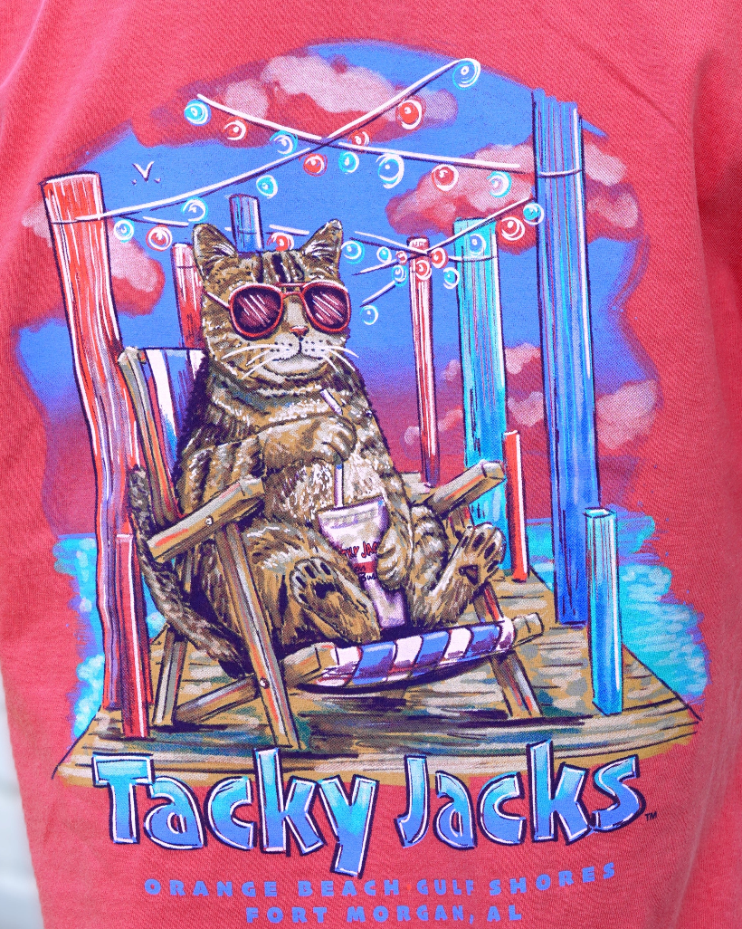 Tacky Jacks Watermelon T-Shirt with an image of a brown tabby cat wearing pink sunglasses and enjoying a drink on a pier above text "Tacky Jacks"