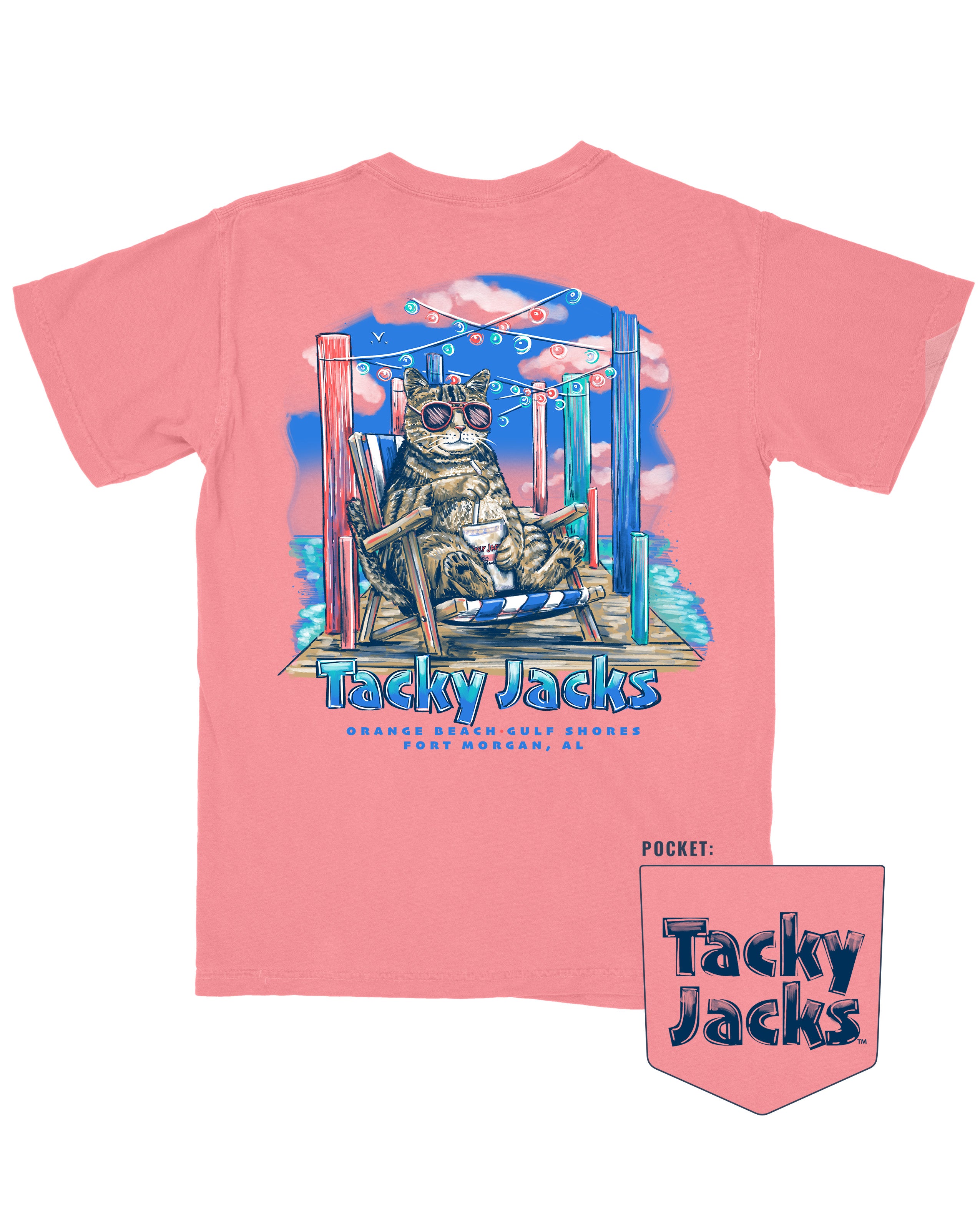 Tacky Jacks Watermelon T-Shirt with an image of a brown tabby cat wearing pink sunglasses and enjoying a drink on a pier above text "Tacky Jacks"