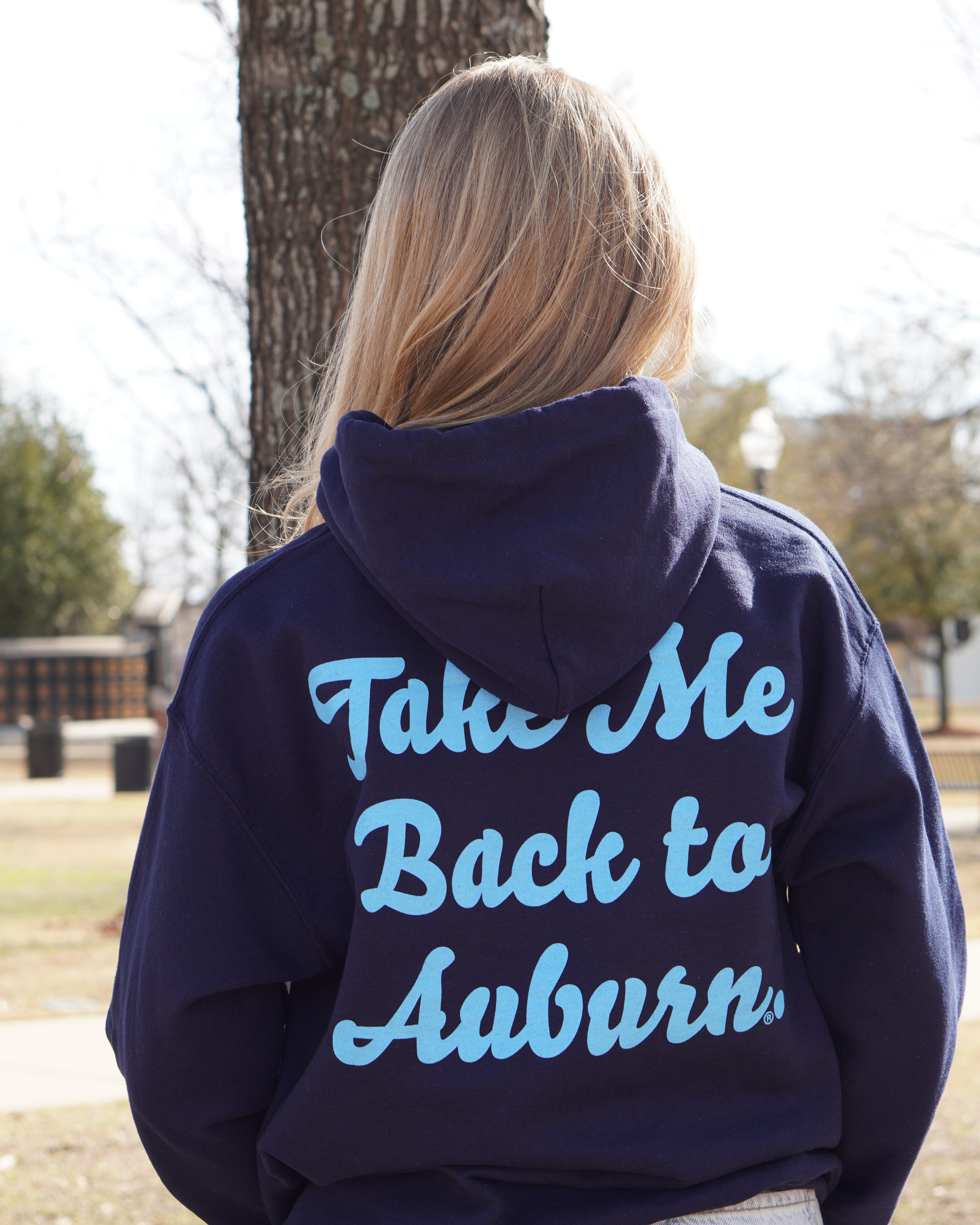 Auburn University Navy Ladies Hoodie with Light Blue text "Take Me Back to Auburn" (BACK)